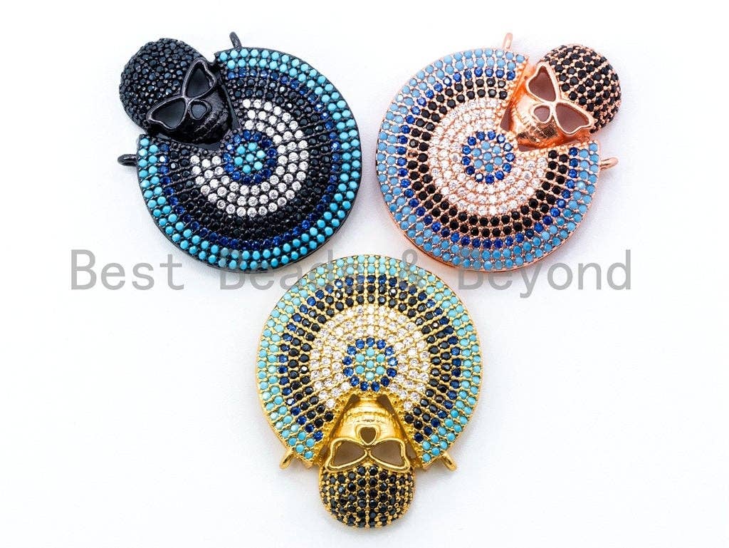 CZ Micro Pave Turquoise Black Skull on Round Disc Pendant, 27x32mm, sku#L4