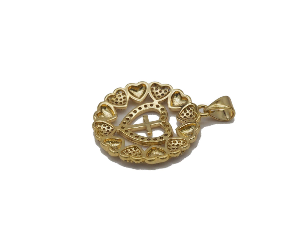 CZ Cross On Round Heart Charm, Sku#LD270