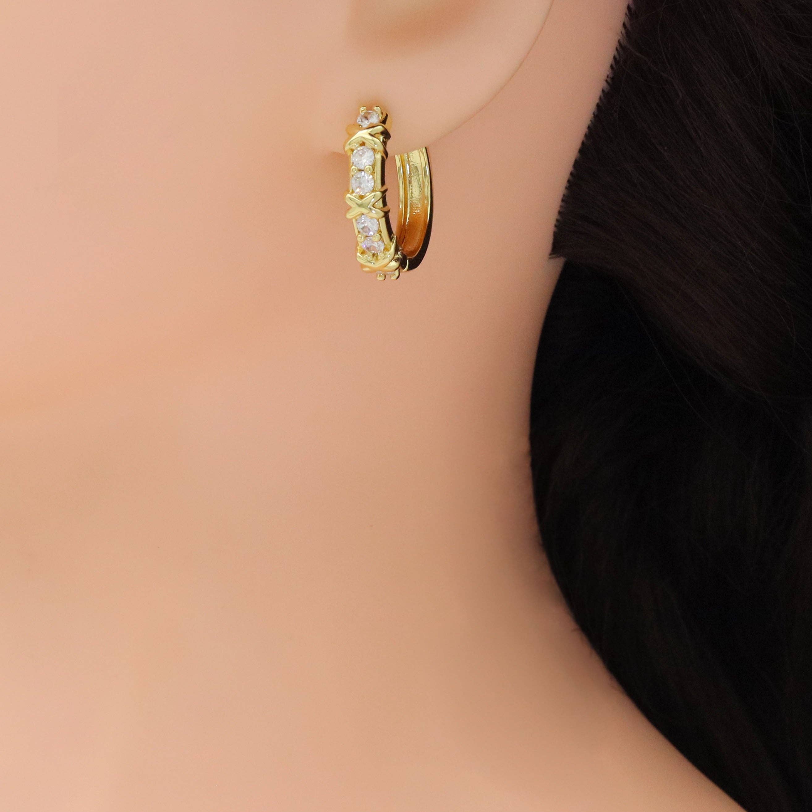CZ Gold Cross Line Huggie Hoop Earrings, Sku#LX439