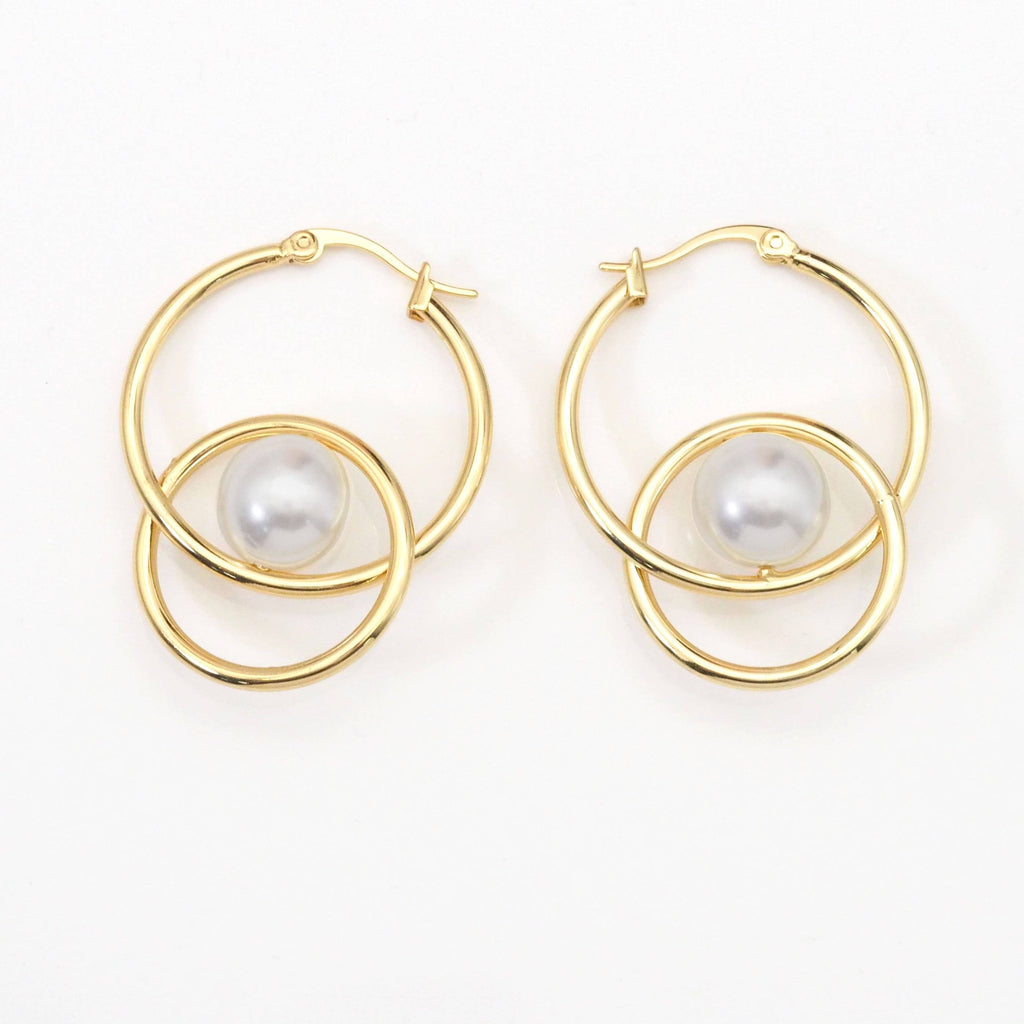 Gold Pearl Double Ring Hoop Earrings, Sku#Y787