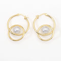 Gold Pearl Double Ring Hoop Earrings, Sku#Y787