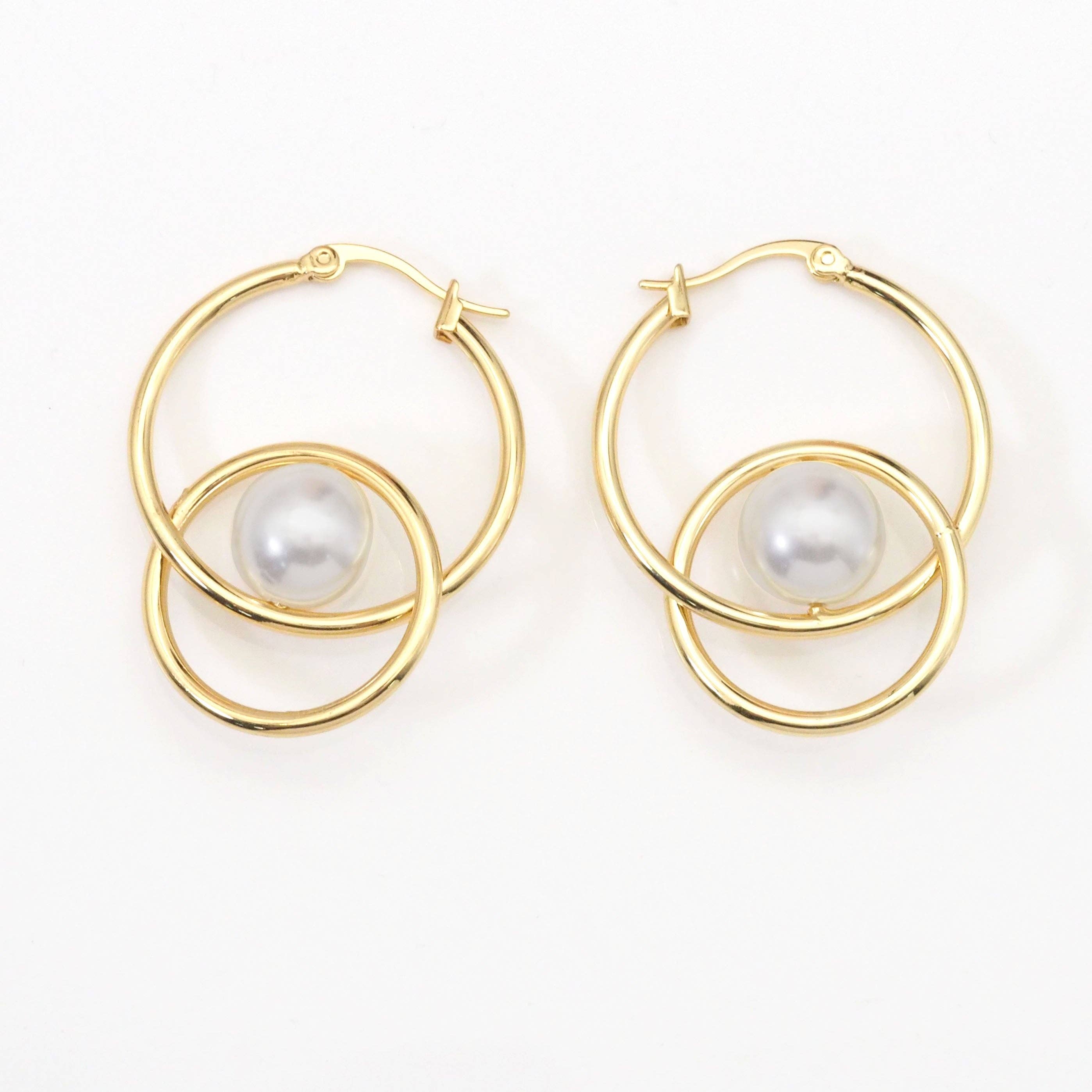 Gold Pearl Double Ring Hoop Earrings, Sku#Y787