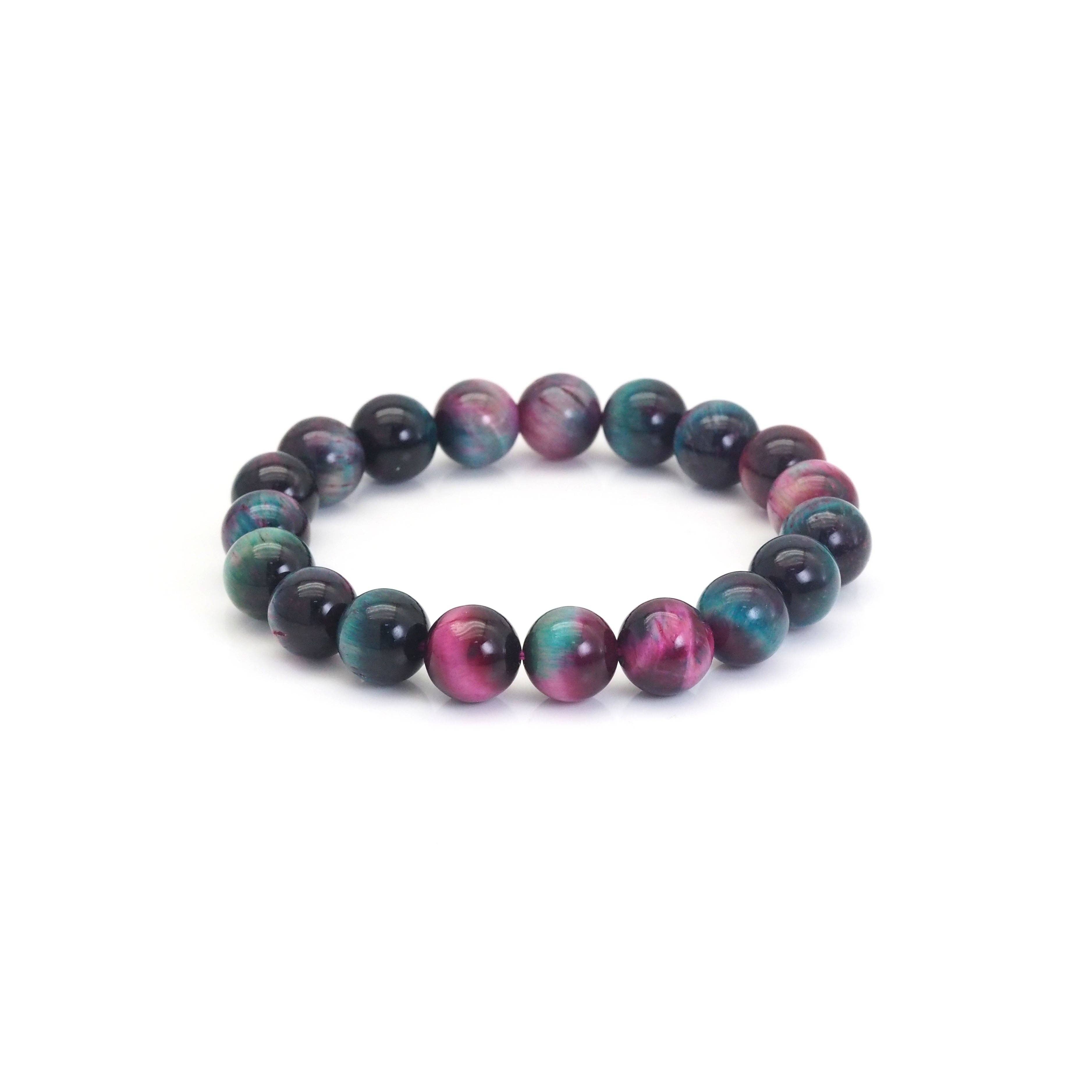Fuchsia Blue Tiger Eye Round Stretchy Bracelet, Sku#EF435