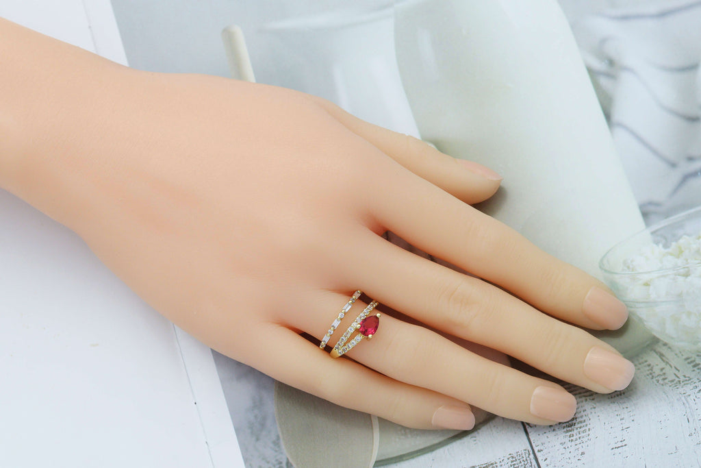 Gold Ruby Drop Swirl multiline Ring, Sku#LD335