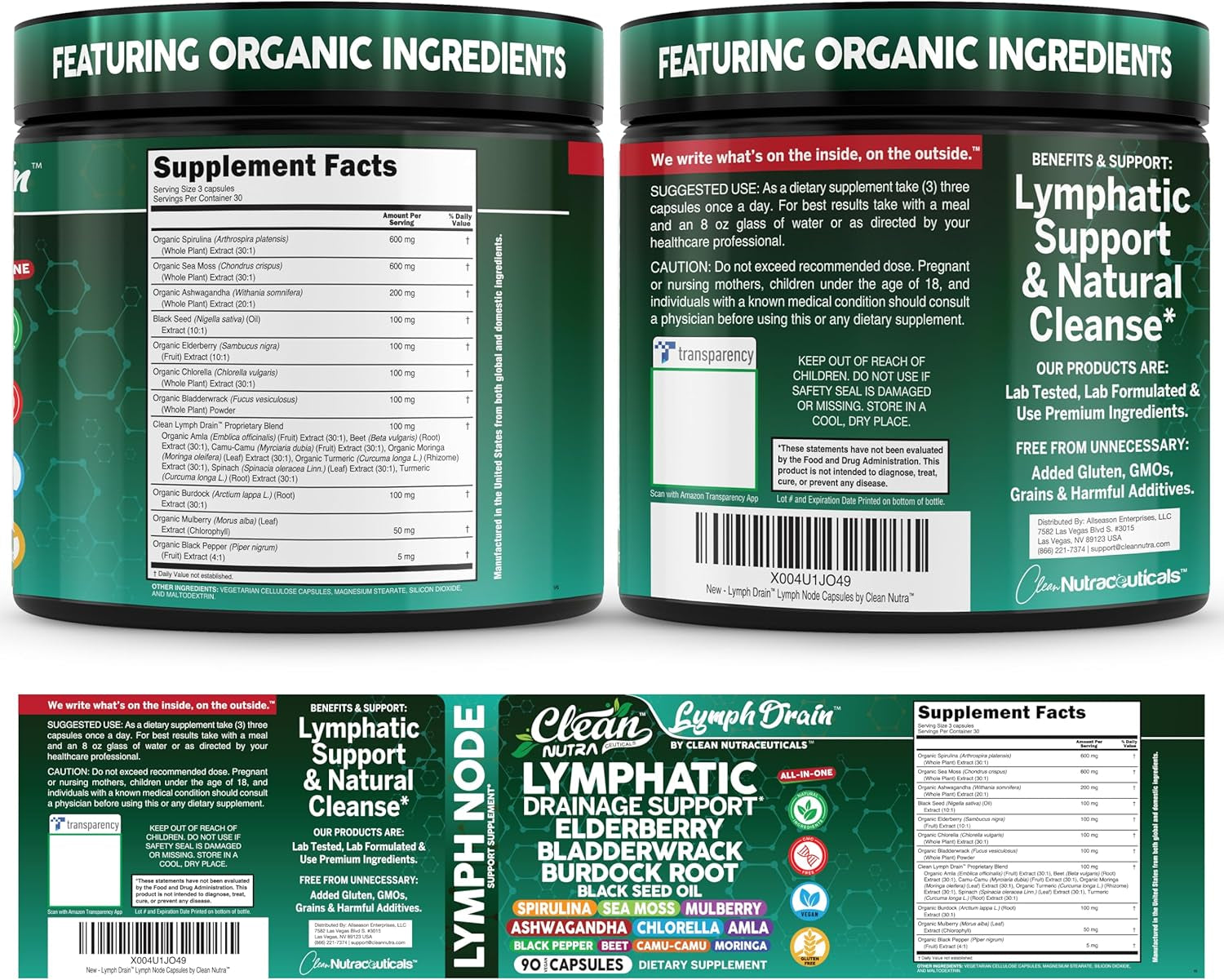 Organic Lymphatic Drainage Supplements | Elderberry Bladderwrack Burdock Root Black Seed Oil Spirulina Sea Moss Ashwagandha Chlorella Amla Beet Moringa Chlorophyll Lymph System Capsules by Clean Nutra