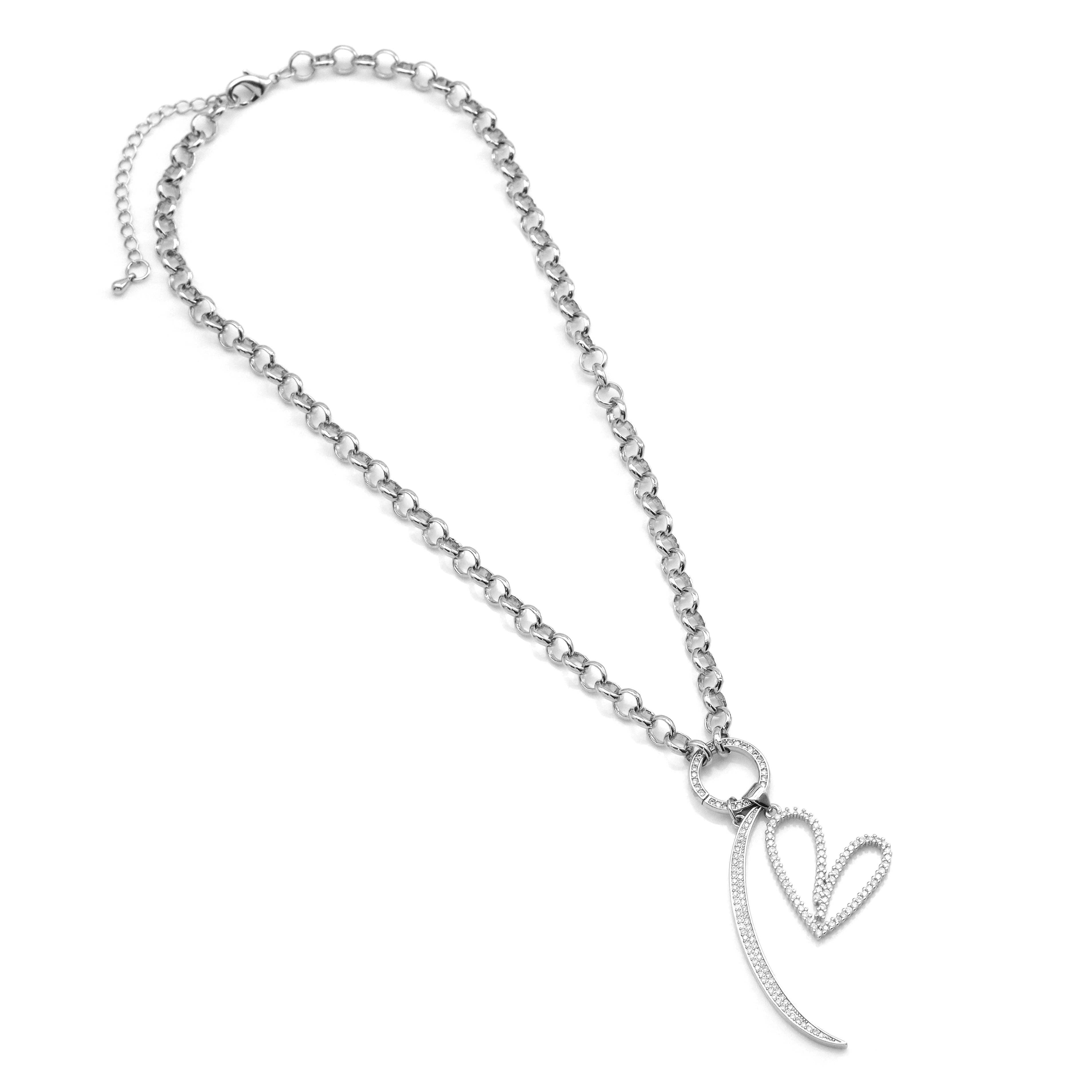 Rolo Chain Heart Cresent Moon Pendant Necklace, Sku#EF562