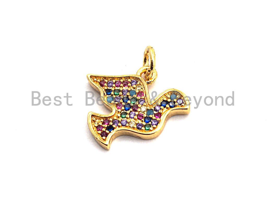 CZ Colorful Micro Pave Peace Dove Pendant, Pigeon Shaped Pave Pendant, Gold plated, 12x15mm, Sku#F832