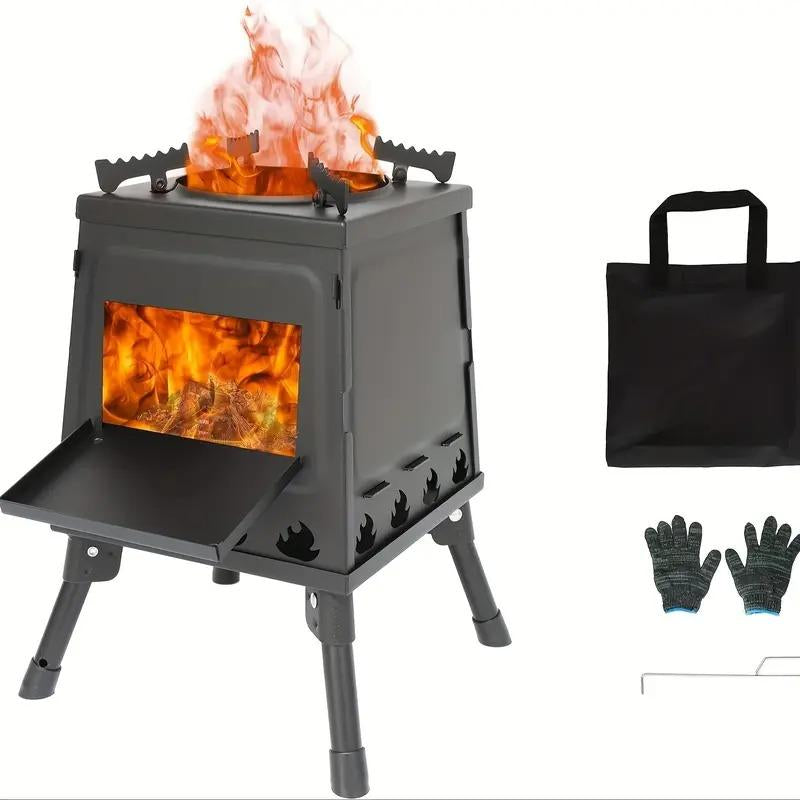 Portable Wood-Burning Camp Stove — Heavy-Duty Iron Outdoor Wood Stove for Camping, Hiking, BBQ & Travel | Compact Wood & Charcoal Cooking Heater