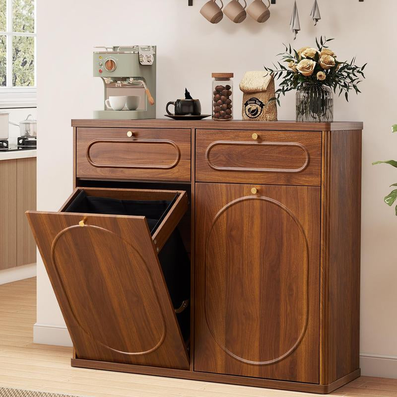 Giratree Tilt Out Trash Can Cabinet, Wood Kitchen Garbage Bin with Drawer, Fluted 10 Gallon Laundry Hamper Cabinet, Farmhouse Hidden Trash Can for Kitchen, Living Room