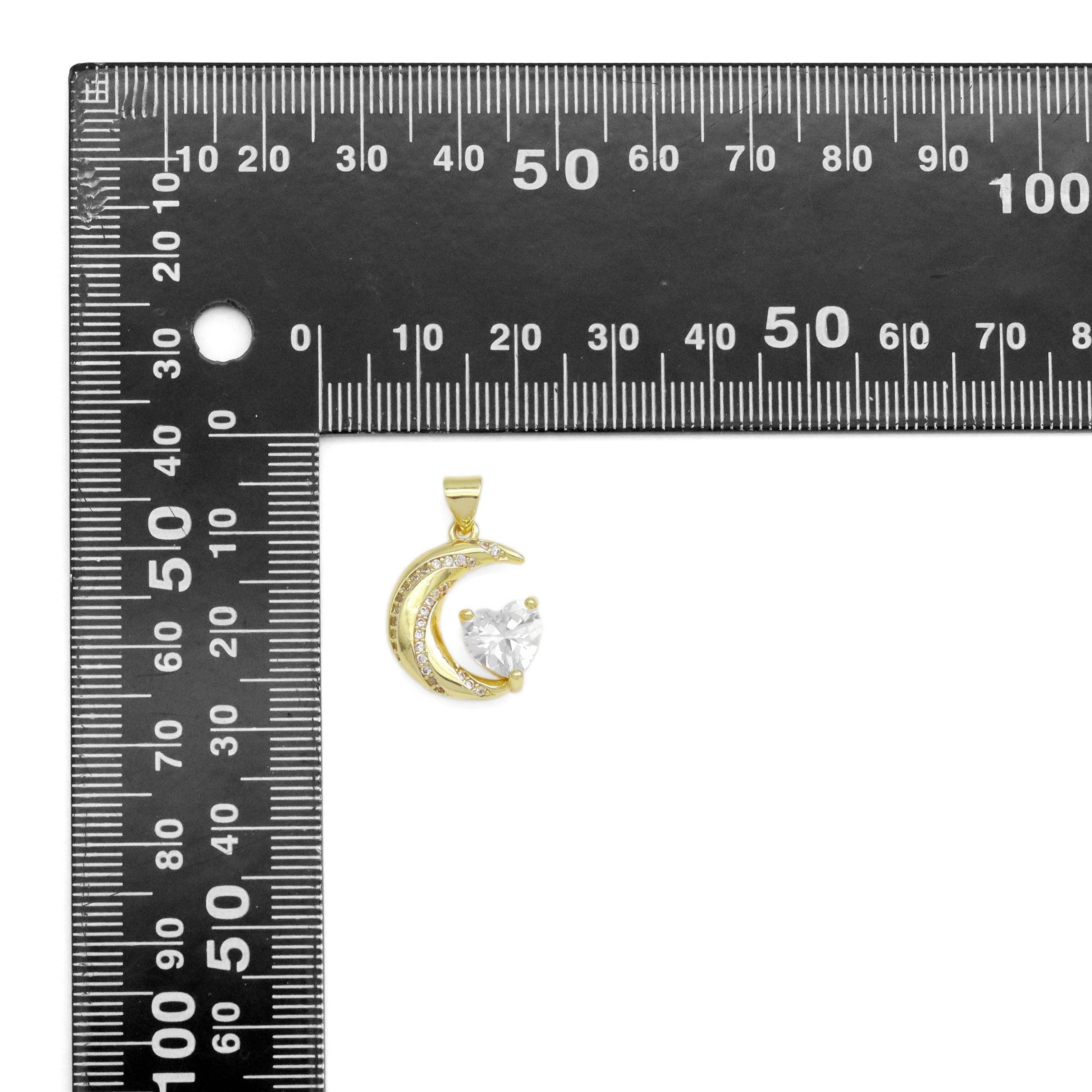 CZ Gold Heart on Cresent Moon Charm, Sku#Y924