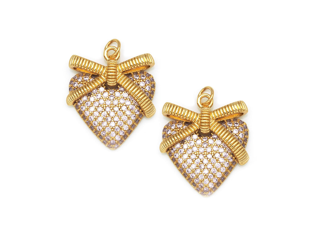 Pink CZ bow Heart Charm, Sku#Y623
