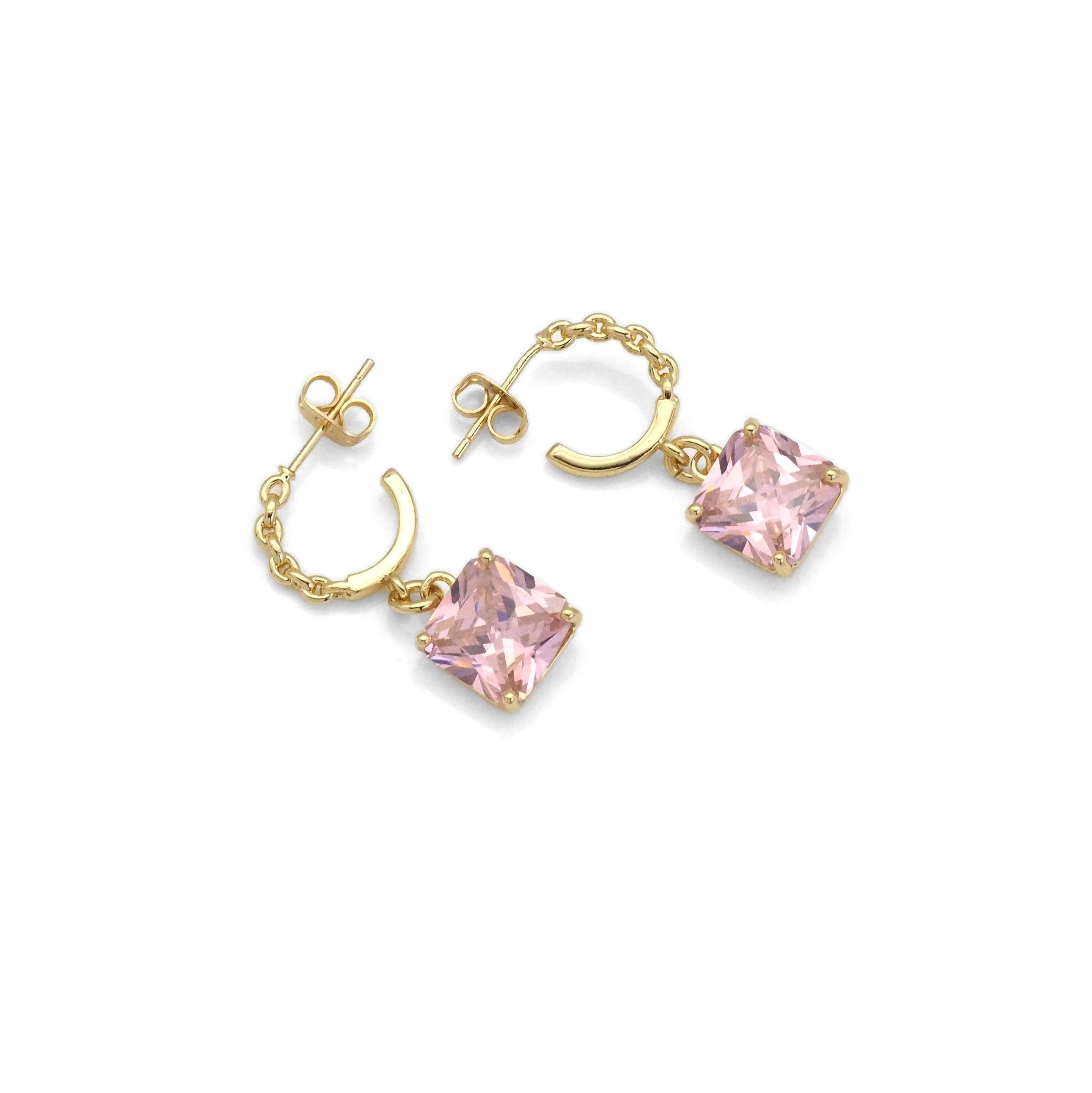 Twisted Hoop with Dangle Square CZ Earrings, Sku#LD414