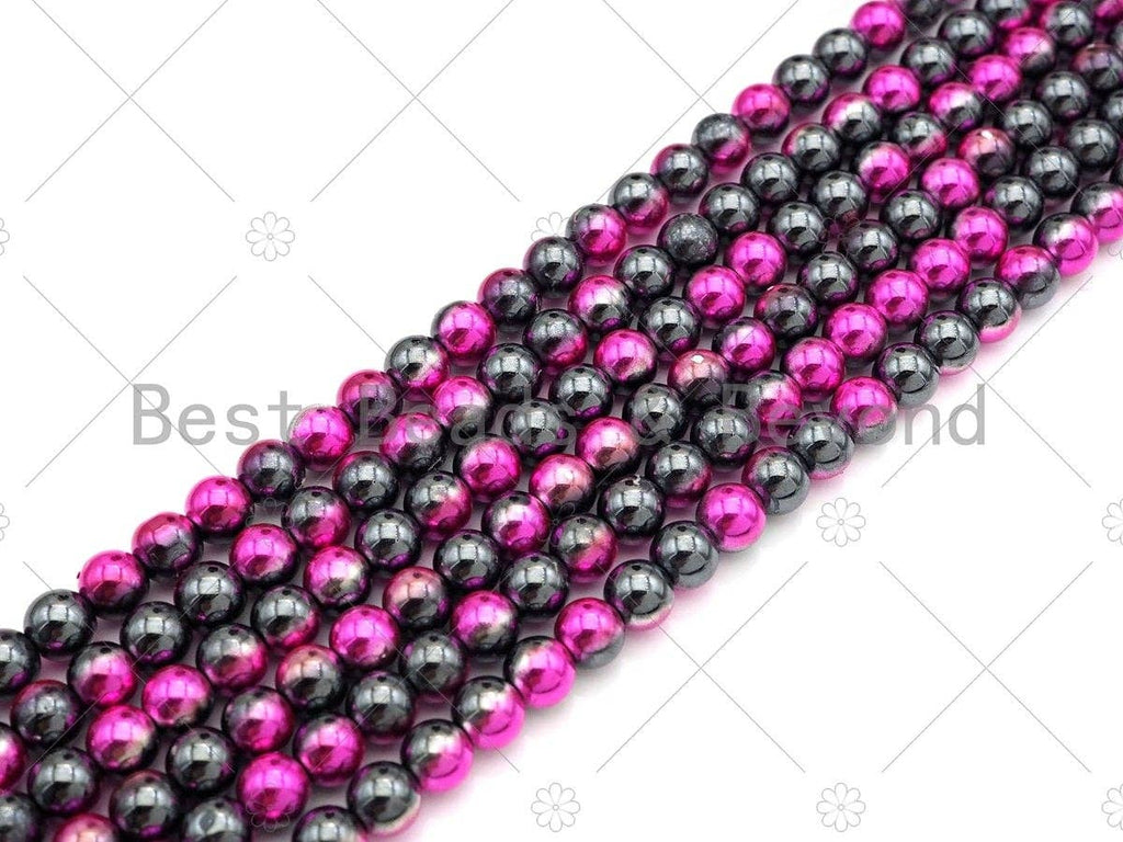 New!!! Half Plated Hot Pink Natural Hematite Beads, 4mm/6mm/8mm Round Smooth Beads,15.5''  Full Strands, Sku#S133