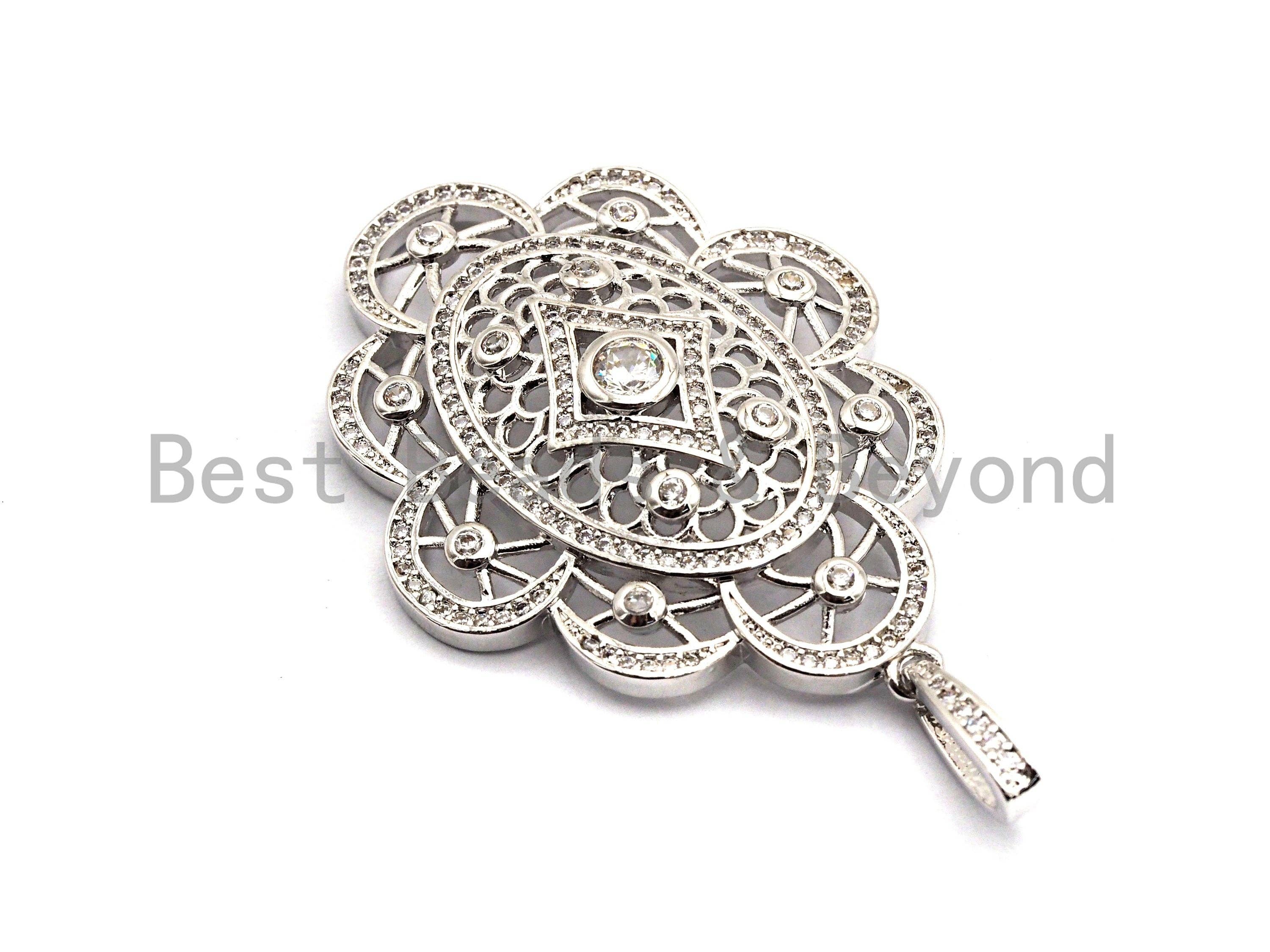 CZ Clear/Black Micro Pave Symmetric Filigree Flower Pendant, Gold/Rose Gold/Silver/Gunmetal plated, 34x45mm, Sku#F787