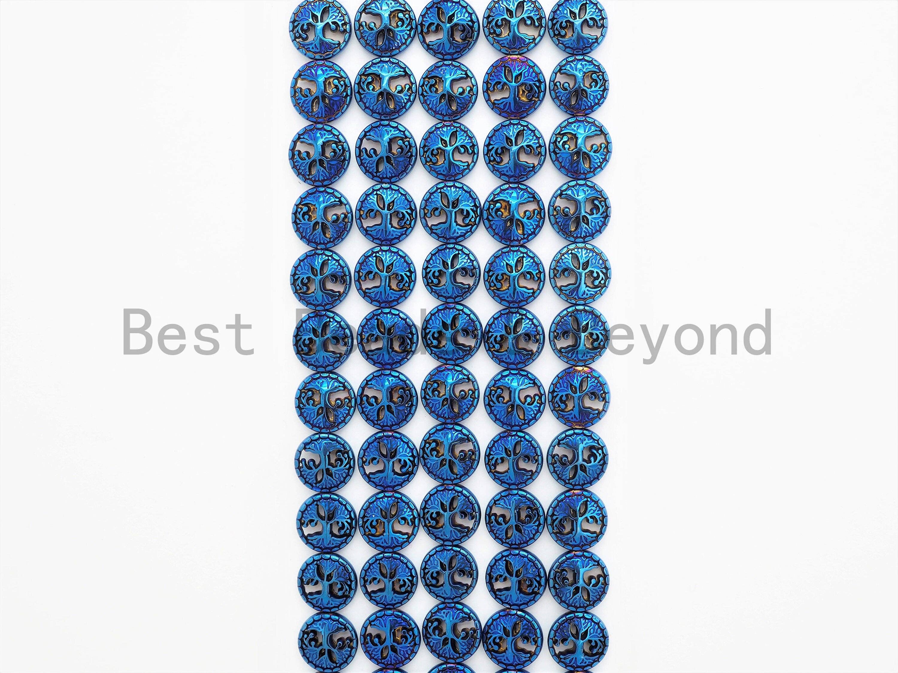 NEW Style Coin Shape Peace Tree Pattered Hematite 12mm Beads, Blue/Green/Rainbow Color Hematite, 15inch FULL Strand, SKU#U428