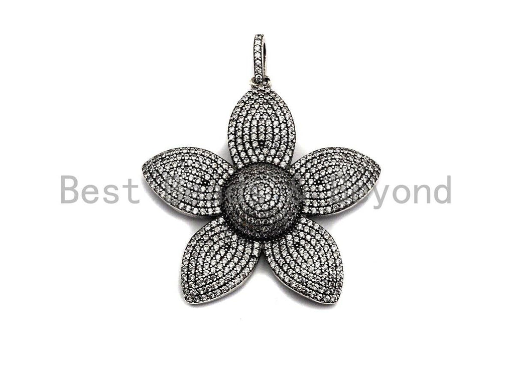 CZ Micro Pave Sakura Flower Pendant, Antique Silver Tone, Clear Cubic Zirconia Big Pave Flower Charm Pendant, 40x41mm,sku#F999C