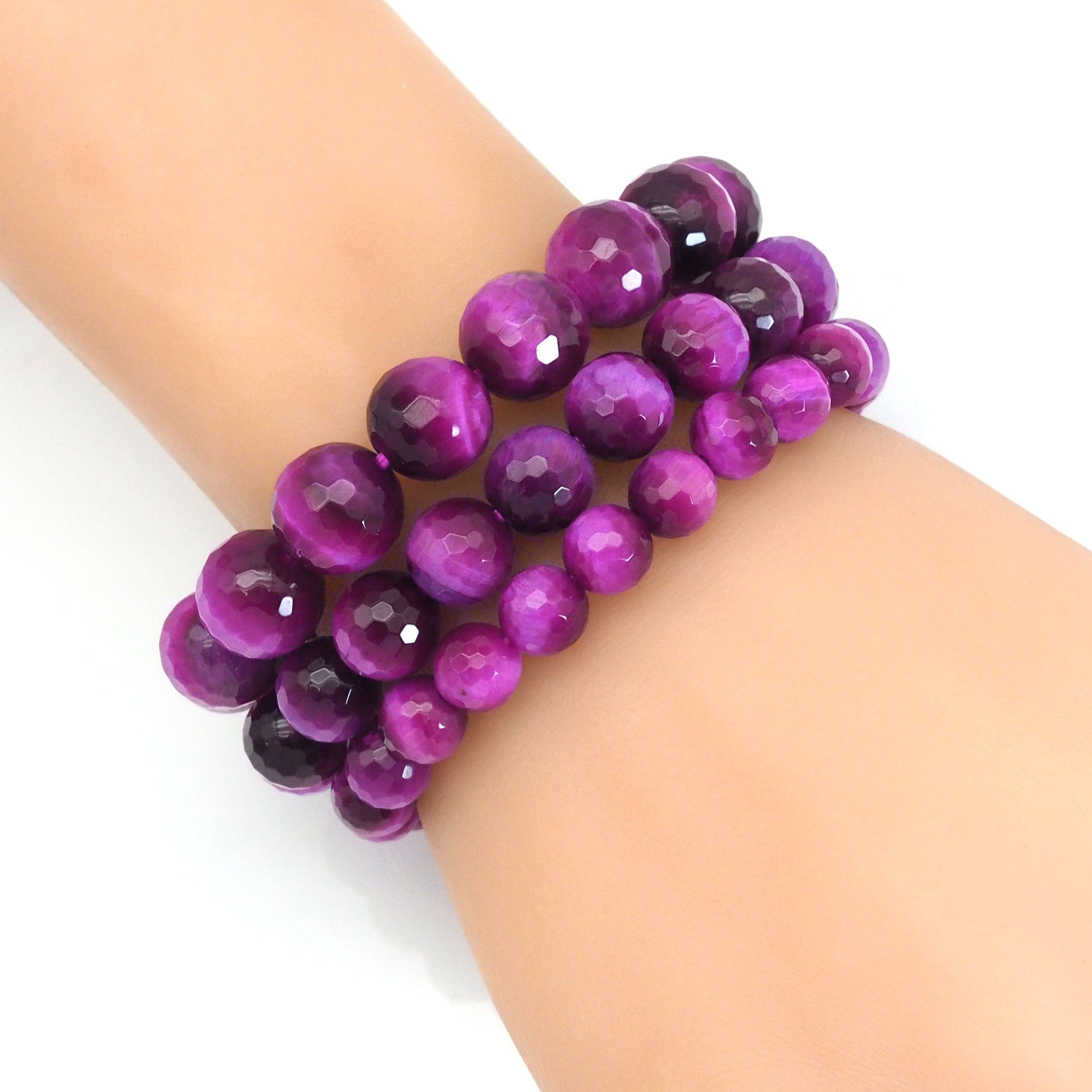 Fuchsia Tiger Eye Round Faceted Stretchy Bracelet, Sku#EF390