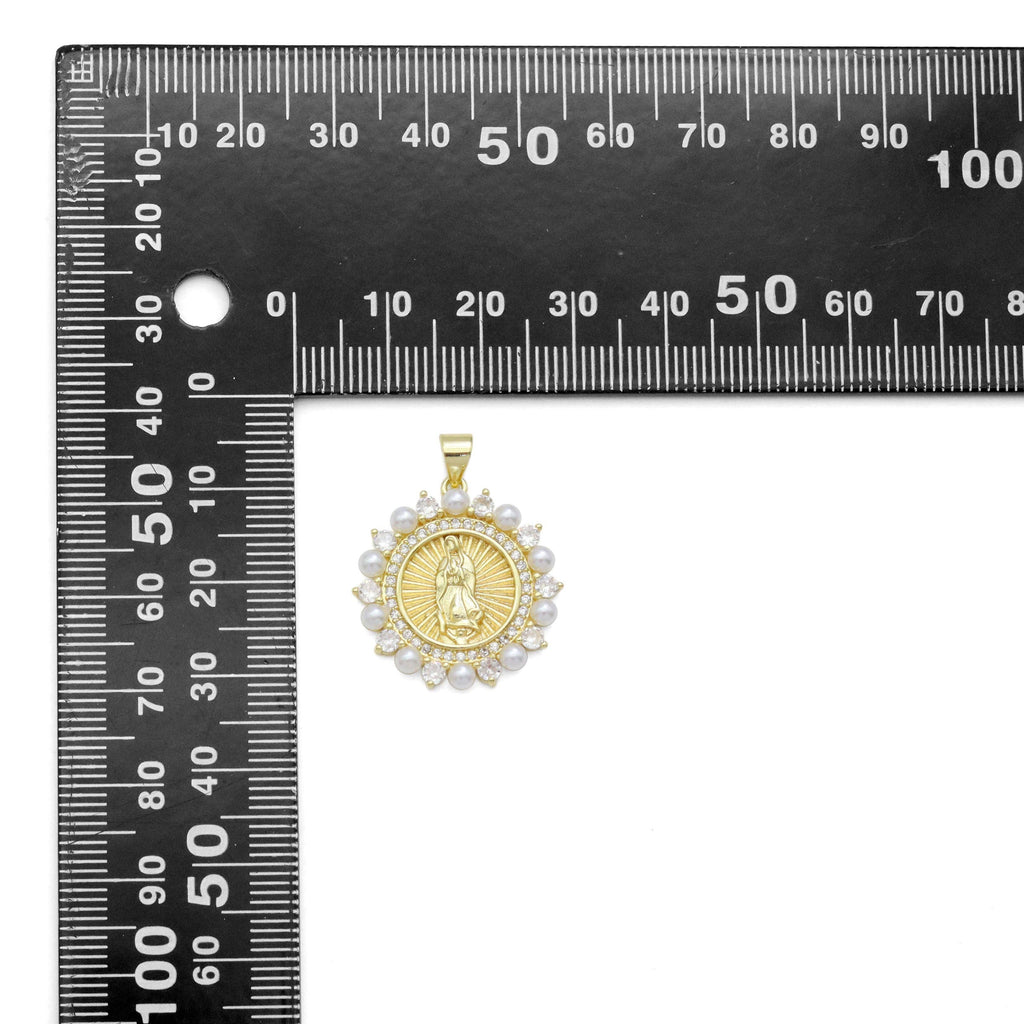 Virgin Mary On Round Coin White Pearl Charm, Sku#Z1482
