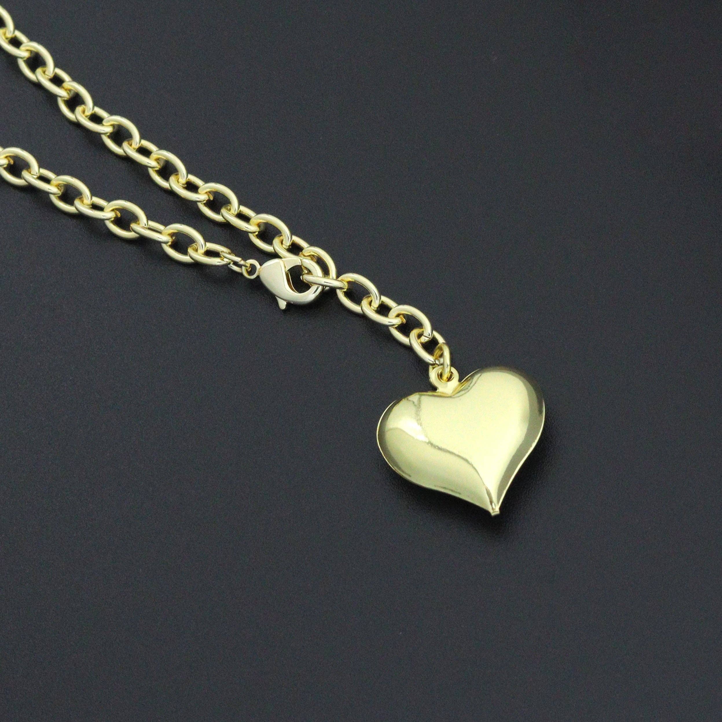 32inch Gold Link Chain Puffy Heart Pendant Necklace, sku#EF760