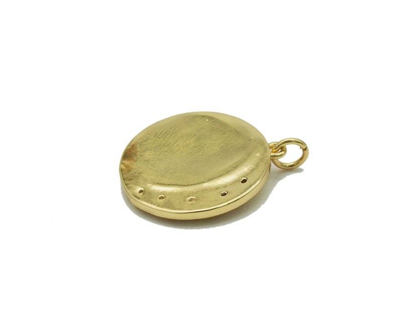 Gold CZ Cresent Moon North Star ON Round MOP Charm, Sku#Z1459C