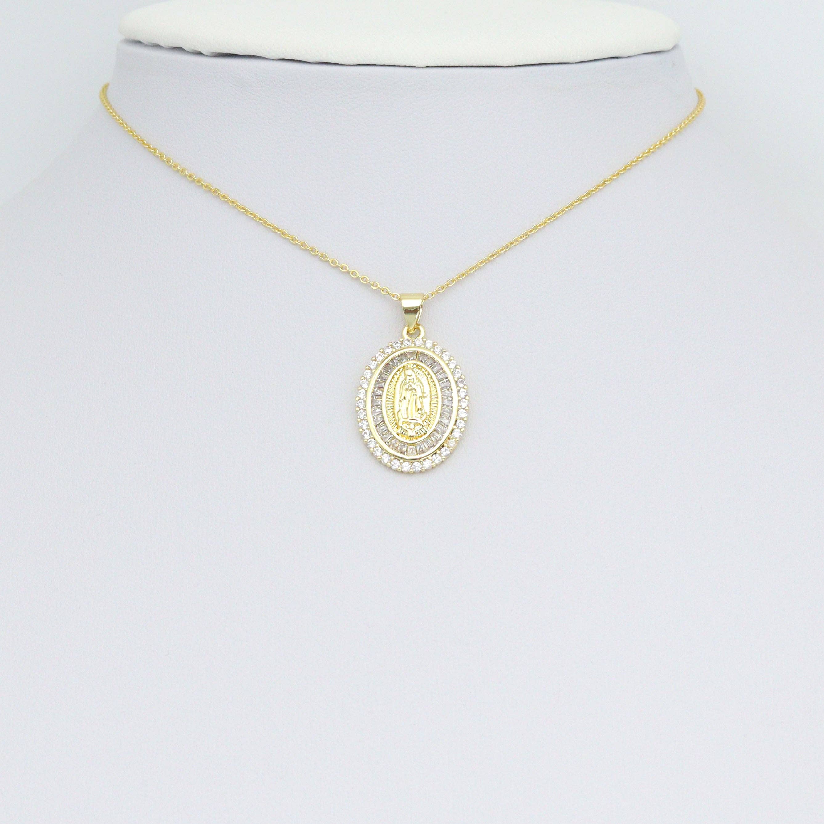 Clear Baguette CZ Gold Virgin Mary On Oval Charm Pendant, Sku#LX776
