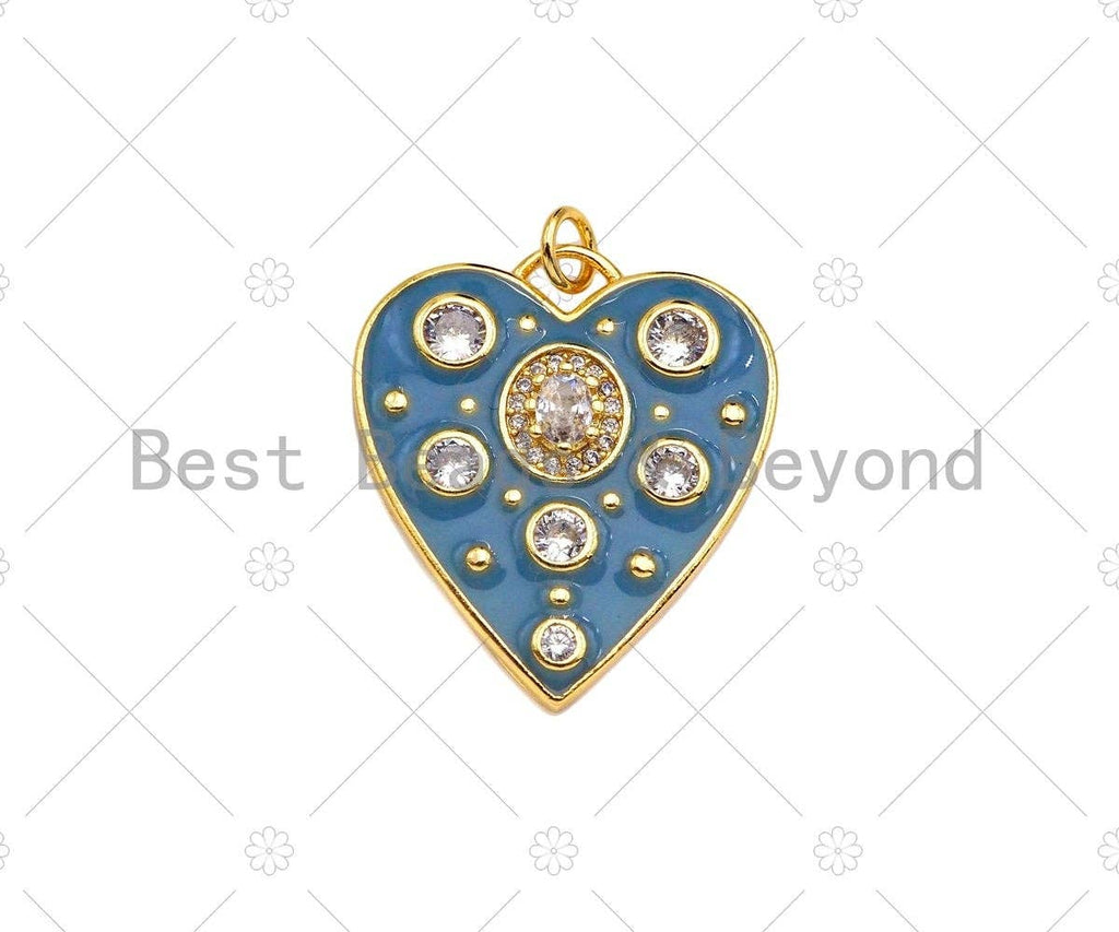 Blue Enamel Heart with Big Clear CZ Pendant,CZ Micro Pave Enamel Charm, Enamel Jewelry, 26x23mm, Sku#LK319