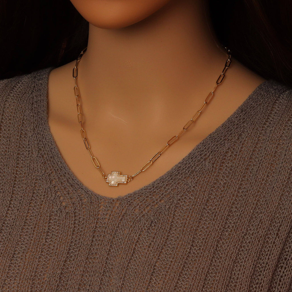 Gold Mother of Pearl Cross Pendant Adjustable Necklace, Sku#EF620