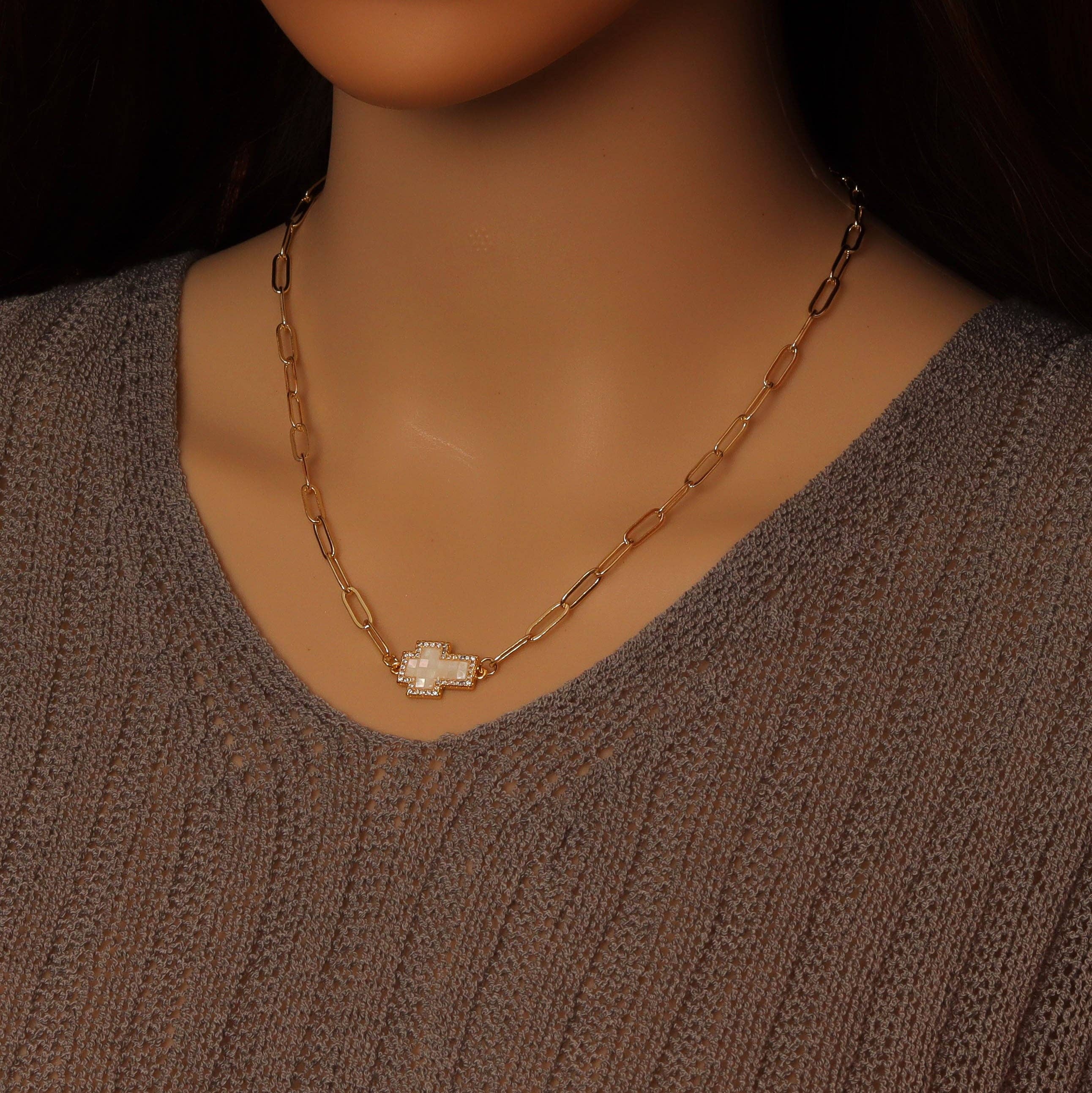 Gold Mother of Pearl Cross Pendant Adjustable Necklace, Sku#EF620