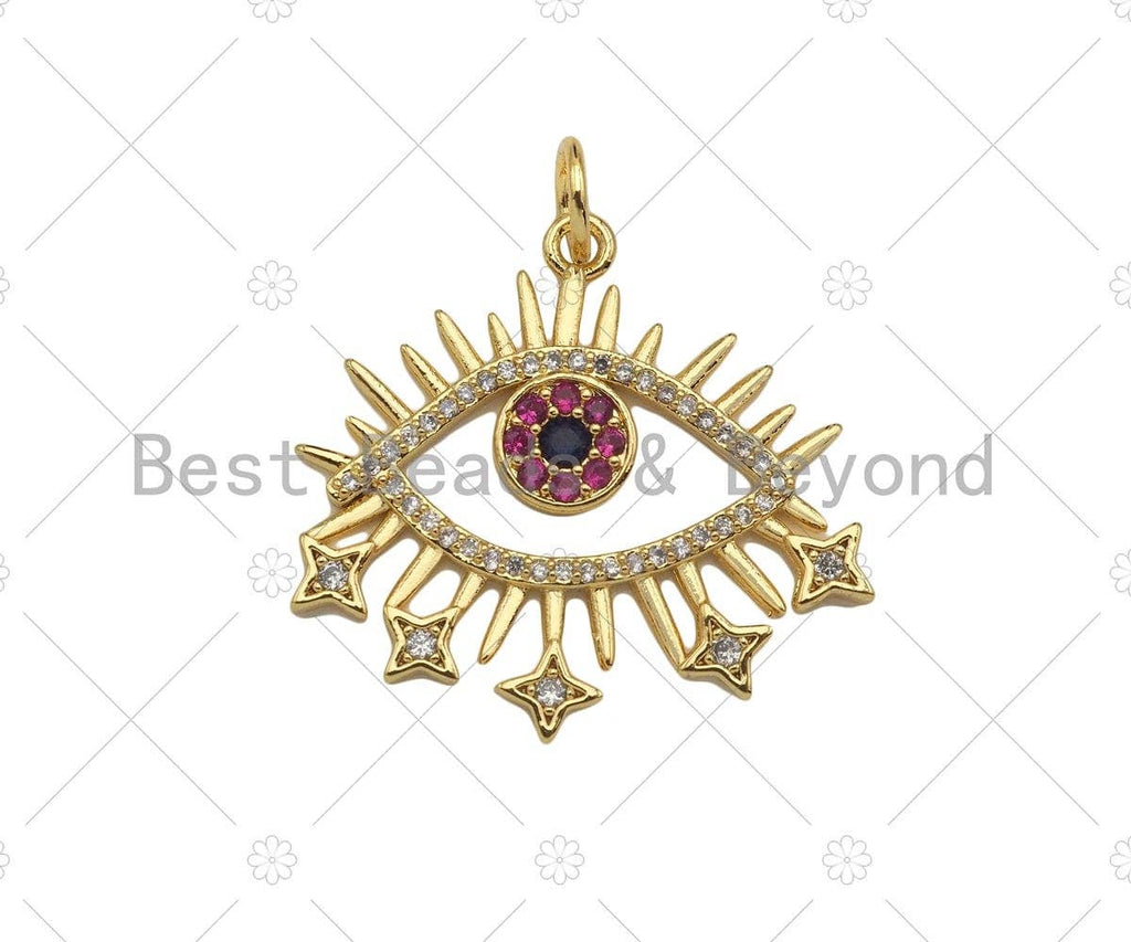 Fuchsia CZ Micro Pave Evil Eye With North Star Shape Pendant/Charm,18K Gold Charm, Necklace Bracelet Charm Pendant,28x26mm,Sku#Z1319