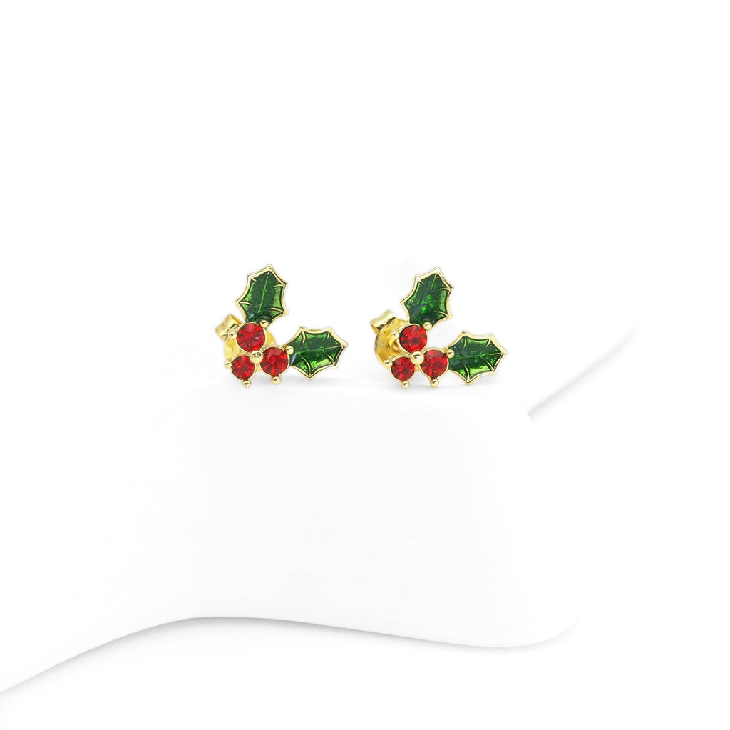 Gold Colorful CZ Leaf Flower Christmas berries Stud Earrings, Sku#Y794