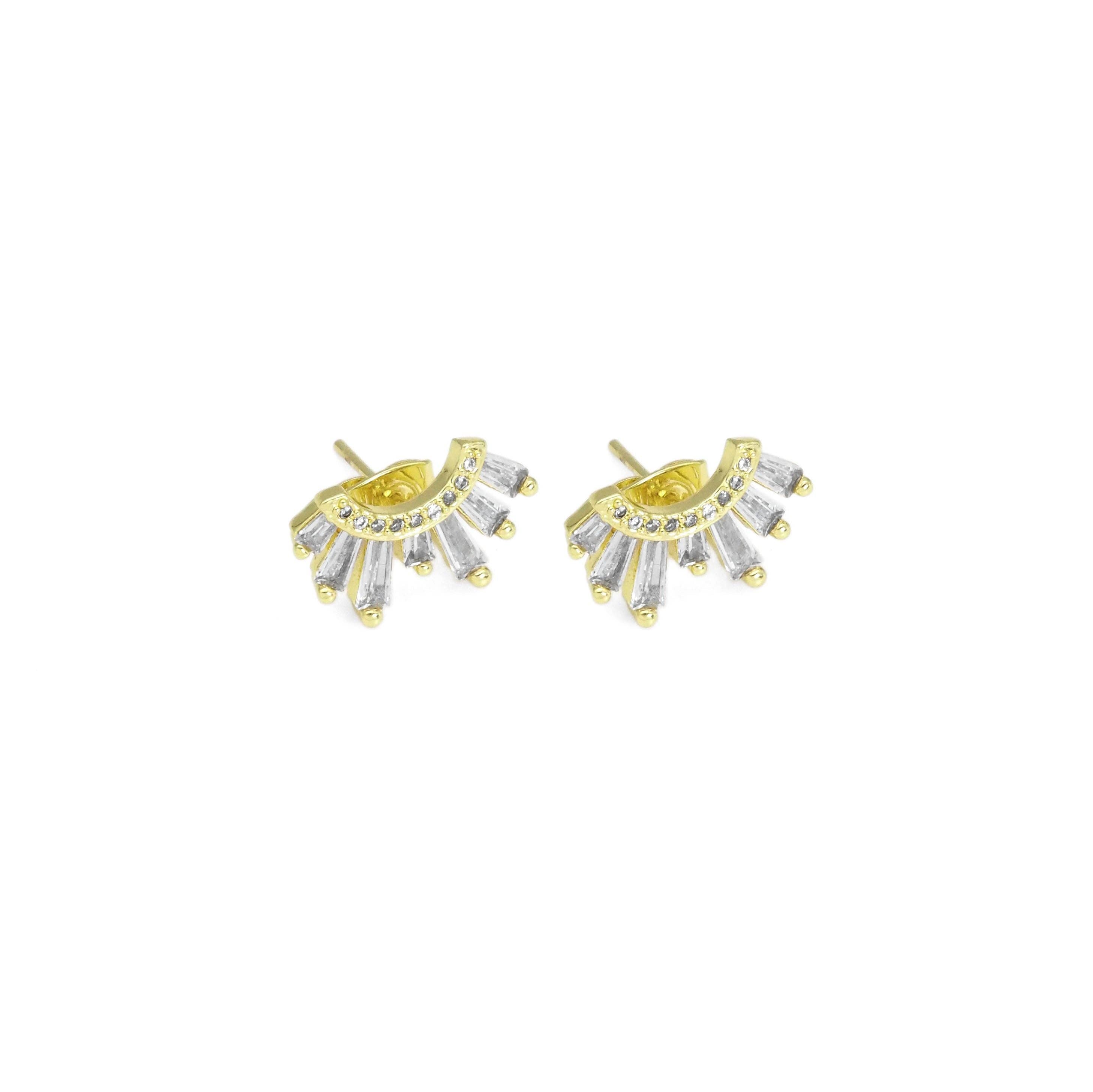 Gold Baguette CZ Half Circle Radial Stud Earrings, Sku#LX424c