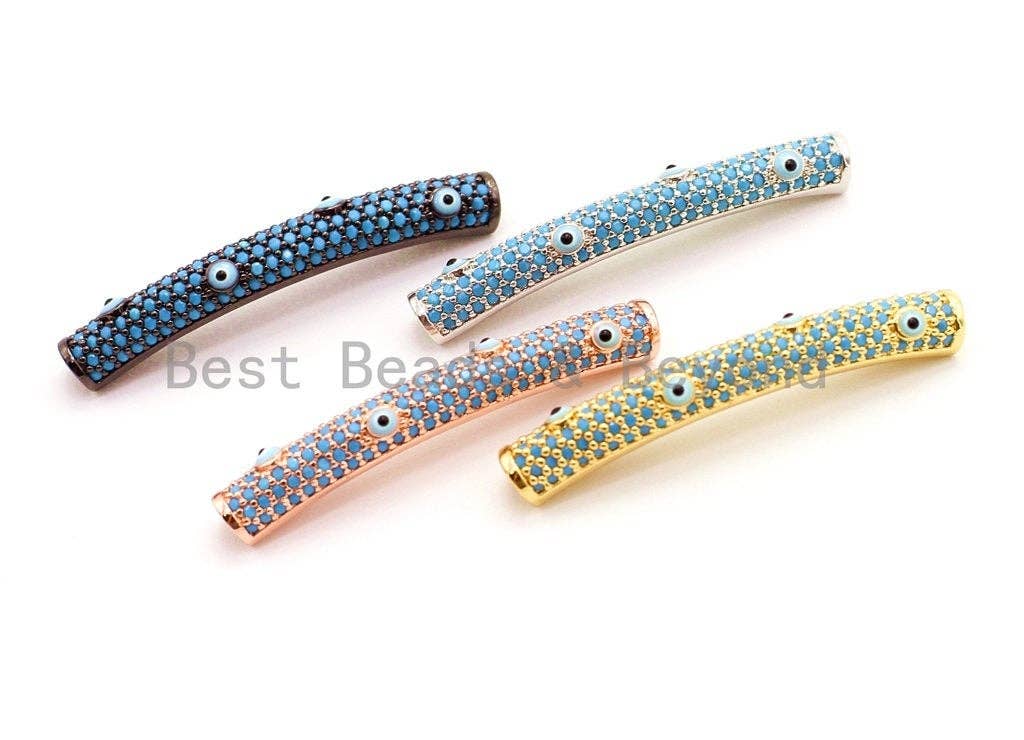 CZ Micro Pave Turquoise Eye Curve Tube, Spacer Tube for 2mm Leather Cord Finding, 37x5mm, sku#E33C
