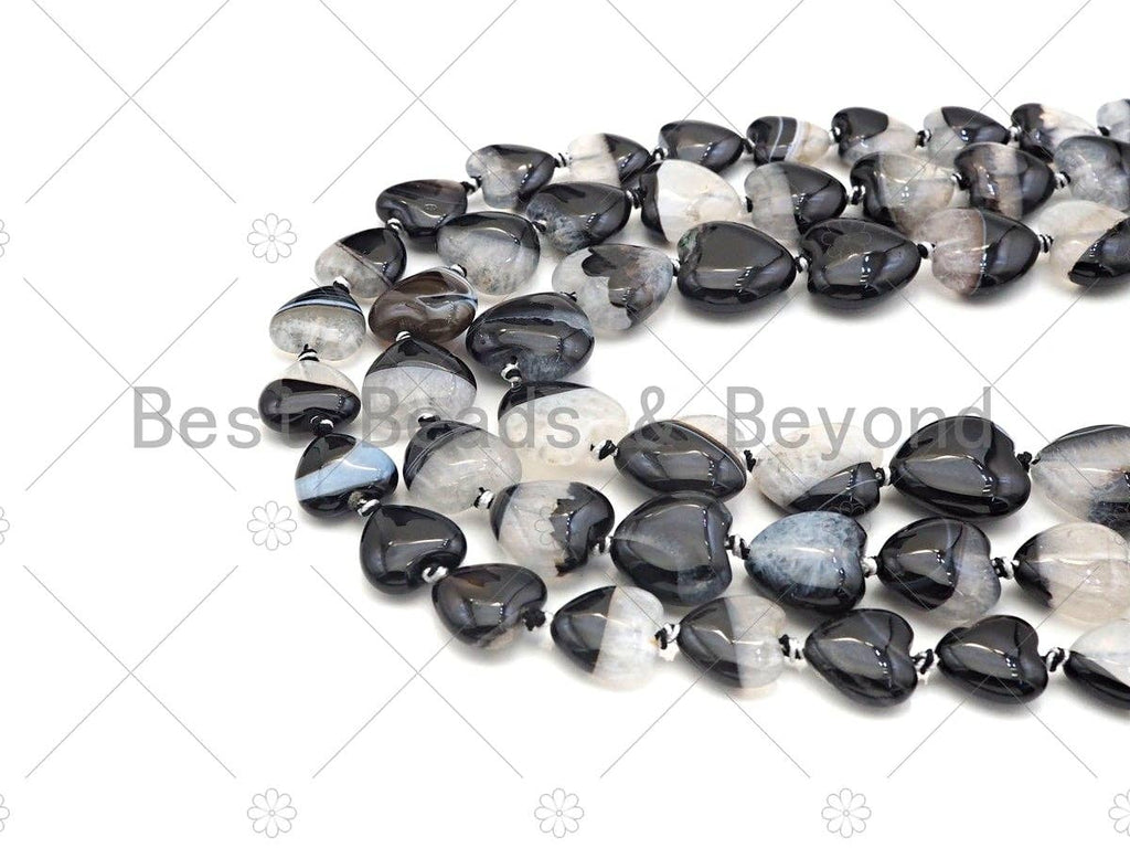 High Quality Natural Black White Druzy Agate Beads, 14mm/16mm/18mm Flat Smooth Heart Shape Agate,15.5'' Full Strand,Sku#YK06