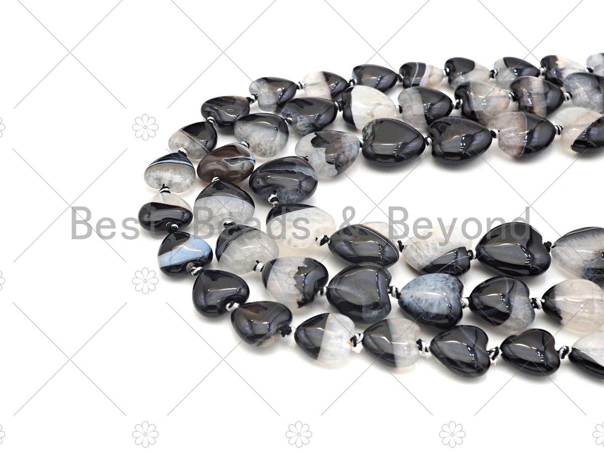 High Quality Natural Black White Druzy Agate Beads, 14mm/16mm/18mm Flat Smooth Heart Shape Agate,15.5'' Full Strand,Sku#YK06