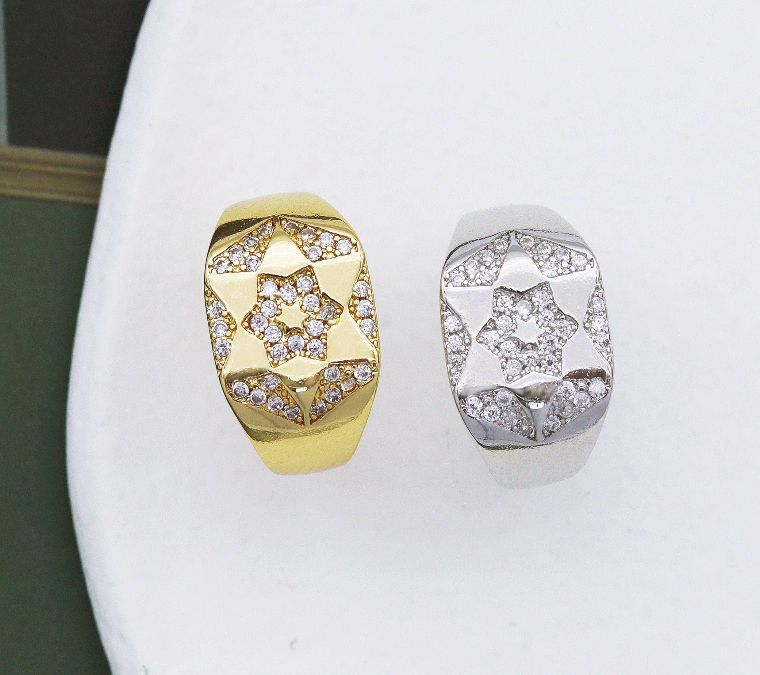 CZ David Star On Hexagon Signet Ring, Sku#X337C