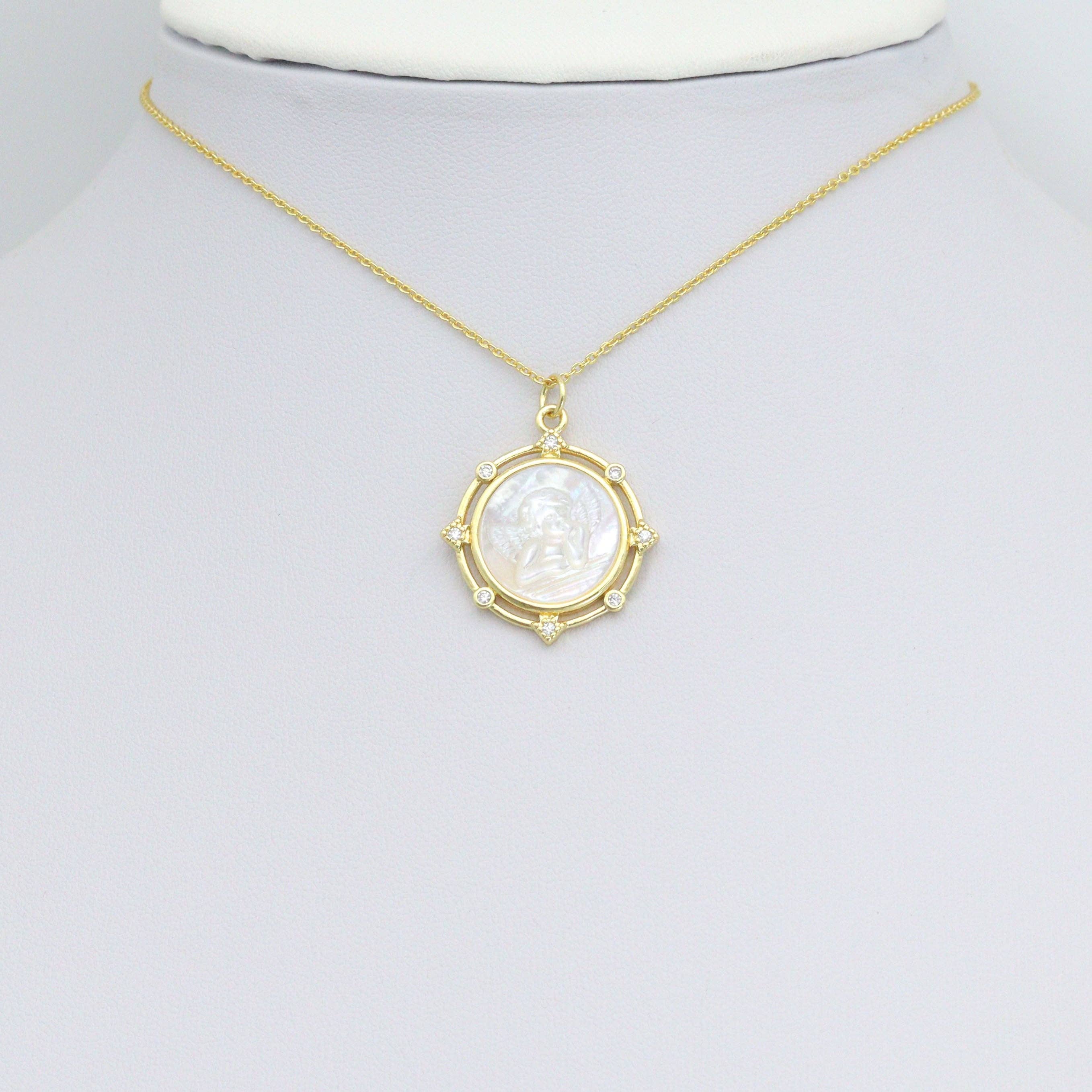 Clear CZ Angel On Round White Pearl Gold Charm Pendant, Sku#LX806