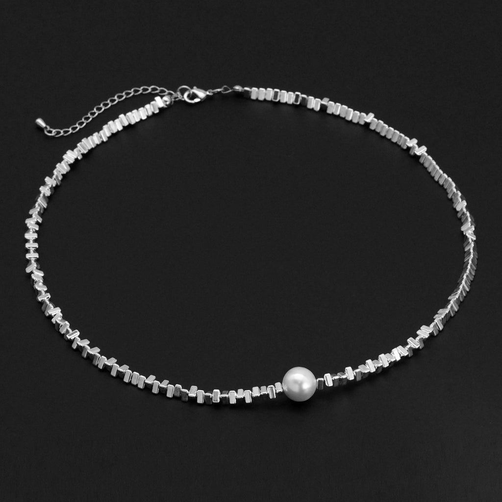 Silver Triangle Chip hematite beads with Pearl Necklace, Sku#EF502