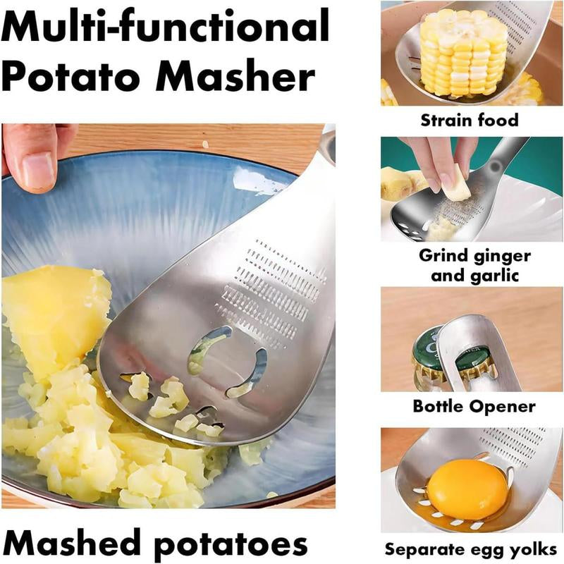 Heavy Duty Food Grade Stainless Steel: Multifunctional Potato Masher with Slotted Spoon & Raw Egg Separator, Durable Kitchen Gadget for Mashing Potatoes, Avocados, Vegetables & Beans, Easy Clean & Dishwasher Safe.