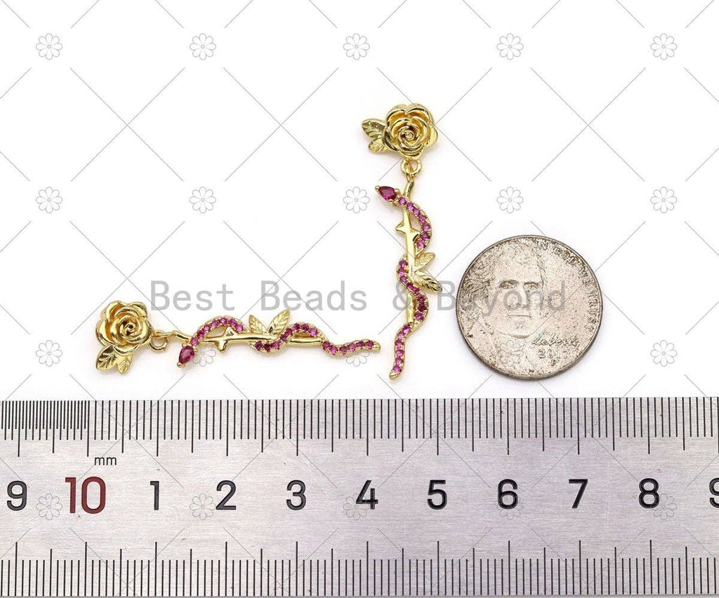 Fuchsia CZ Micro Pave Snake On Rose Flower Shape Pendant, 18K Gold Filled Snake Charm, Necklace Bracelet Charm Pendant,Sku#LK508