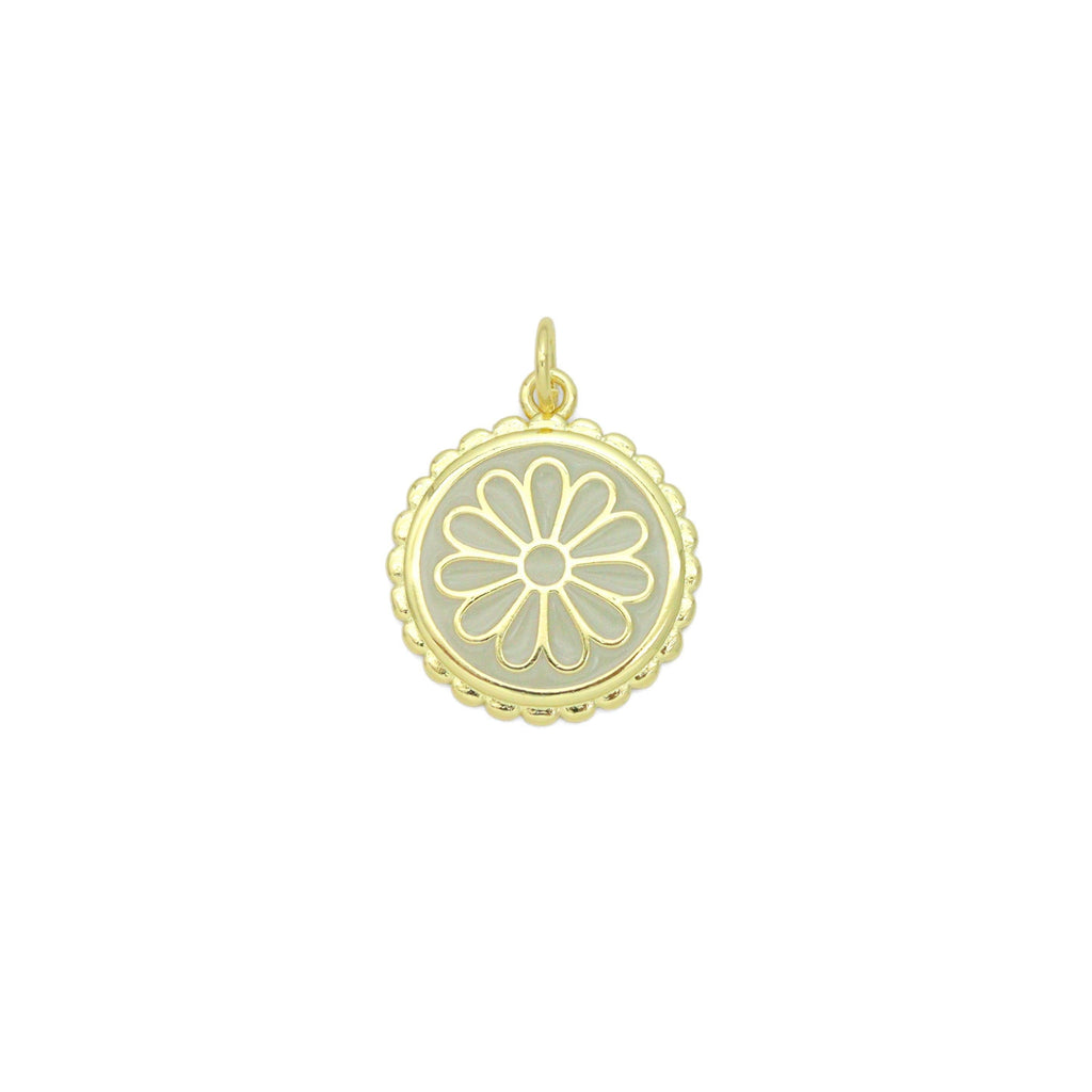 White Enamel Flower On Round Gold Charm Pendant, Sku#LX802