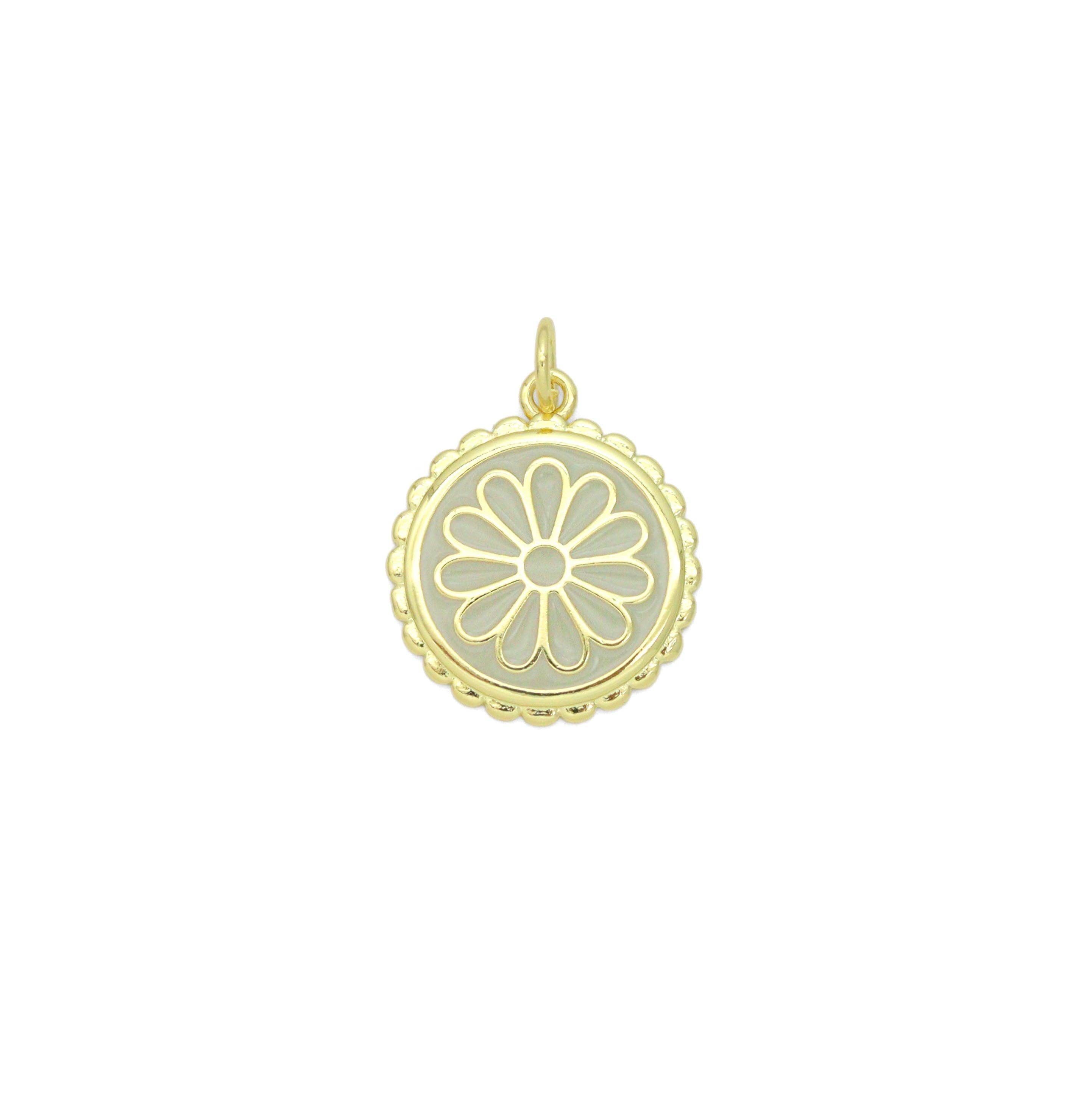 White Enamel Flower On Round Gold Charm Pendant, Sku#LX802