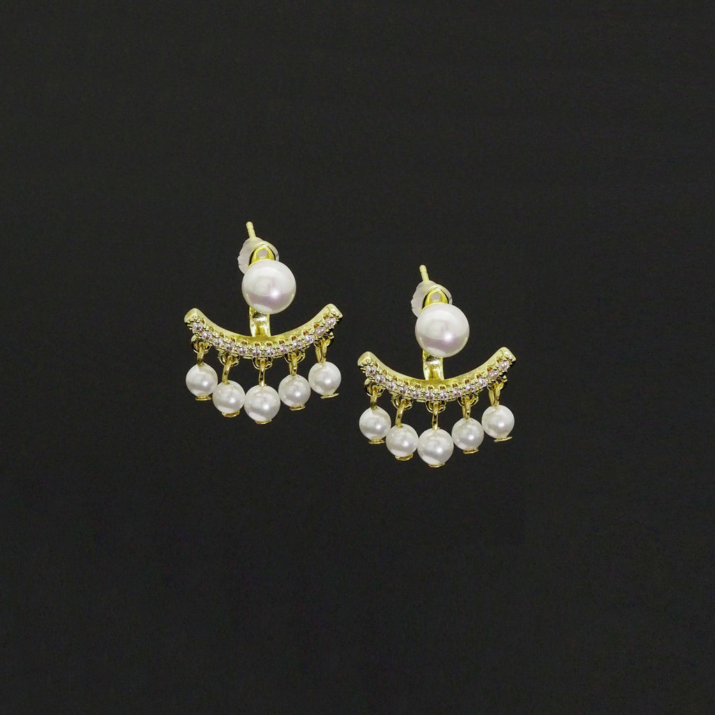Clear CZ Gold White Pearl Dangle Earrings, Sku#LX427