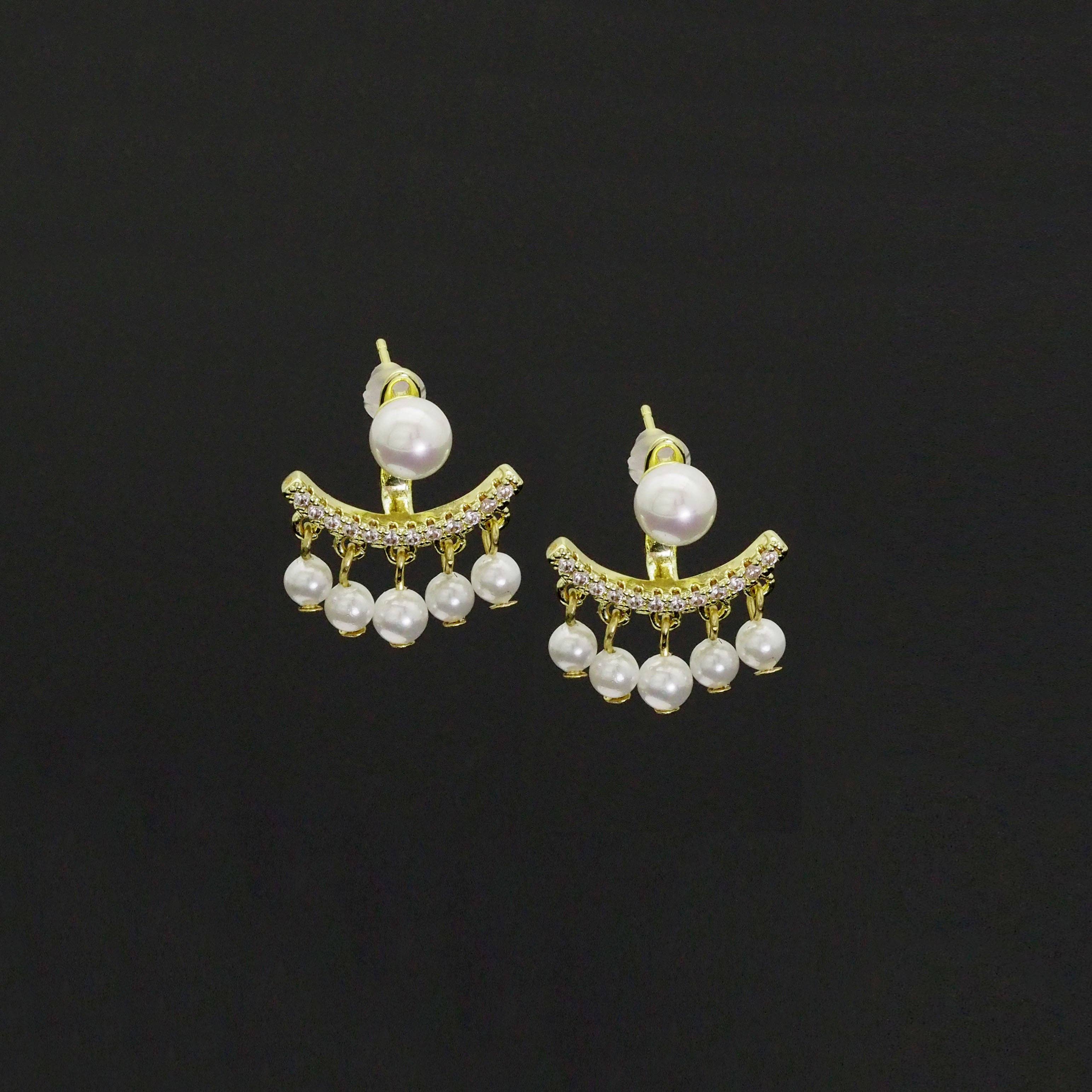 Clear CZ Gold White Pearl Dangle Earrings, Sku#LX427