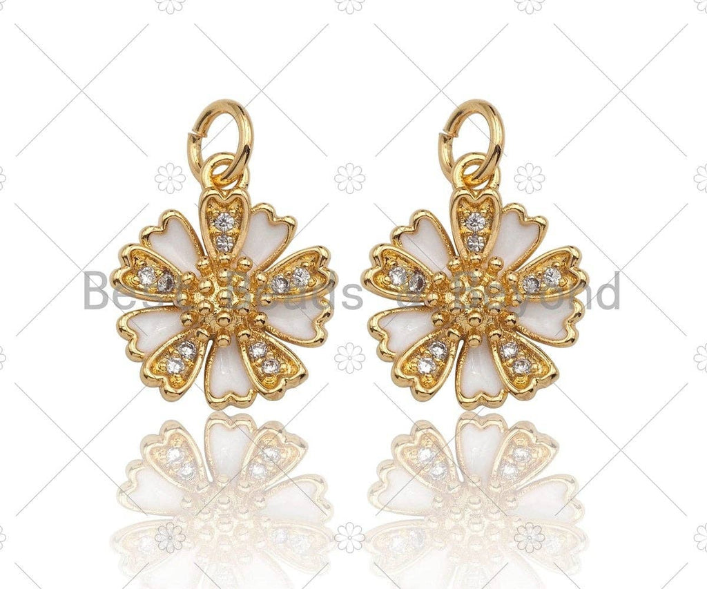 CZ Micro Pave White Enamel Daisy Flower Charm, 18K Gold Filled Flower Charm, Necklace Bracelet Charm Pendant, 13mm, Sku# Y268
