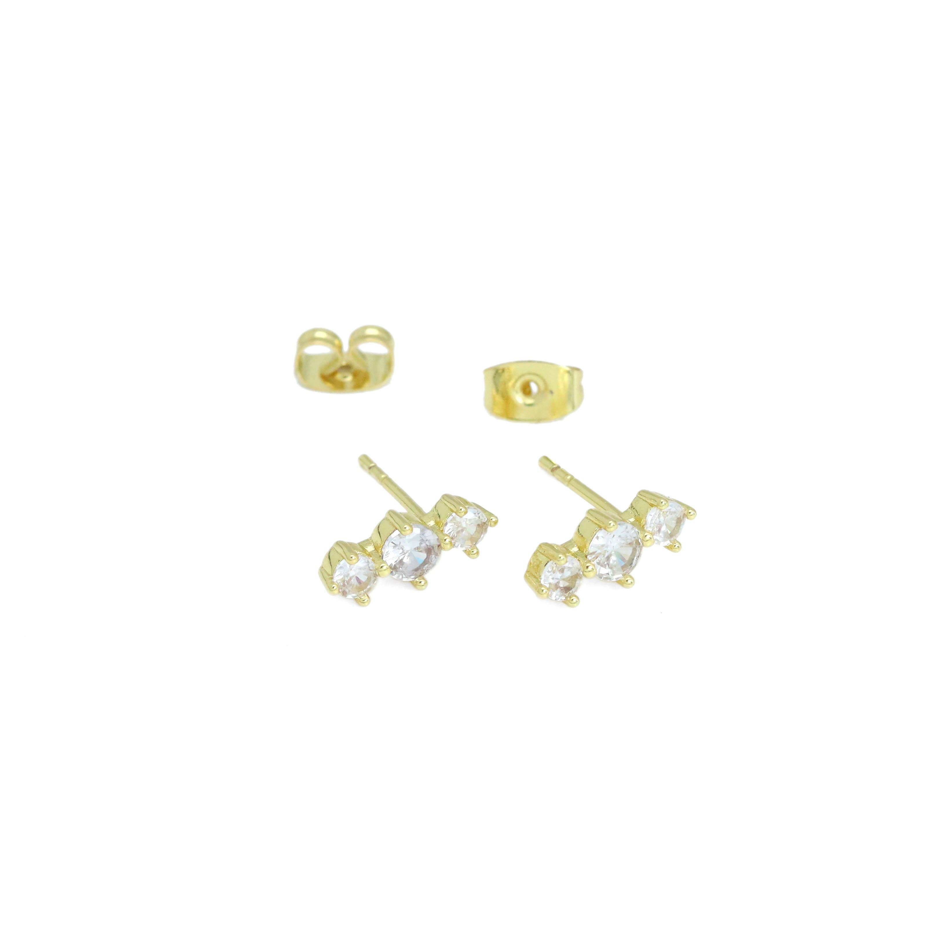 Gold Silver Three Round CZ in a Raw Stud Earrings, Sku#A290