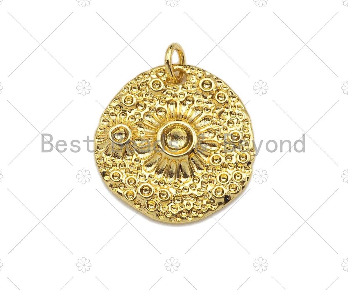 CZ Micro Pave Daisy Flower On Rugged Round Coin Pendant/Charm,Cubic Zirconia Charm, Necklace Bracelet Charm Pendant,20x20mm, Sku#Y358
