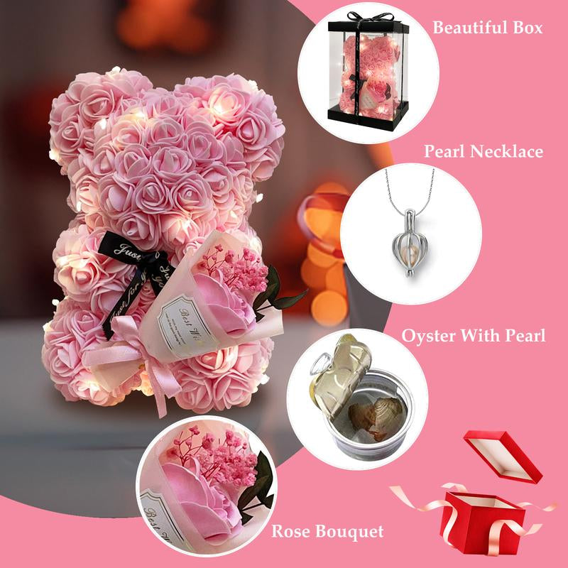 Romantic Valentines Day Gift for Her, Artificial Flowers Necklace Rose Teddy Bear with Real Pearl Blind Box Birthday Gift, Valentiness Day Gift for Monther Wify Girl