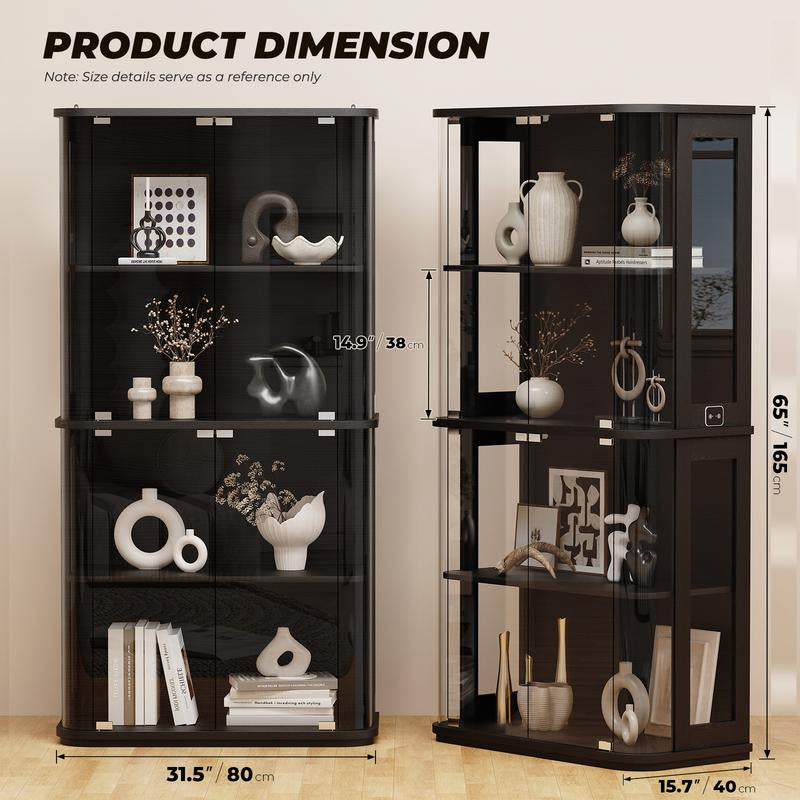 MIIFUNY 65" Rounded Display Cabinet with Glass Door, 4-Tier Curio Cabinet with Transparent Full-Display Surface for Collectibles, Glass Display Case with 3 Color Lights, Human Body Sensor, Black