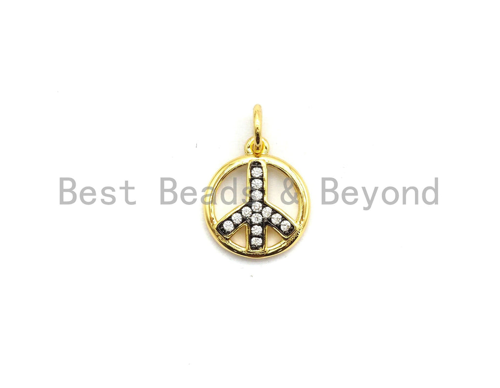 CZ Micro Pave Dual Color Peace Sign Pendant, Cubic Zirconia Pendant, Silver/Gold/Rose Gold/Black Tone, 11x13mm, Sku#Y183