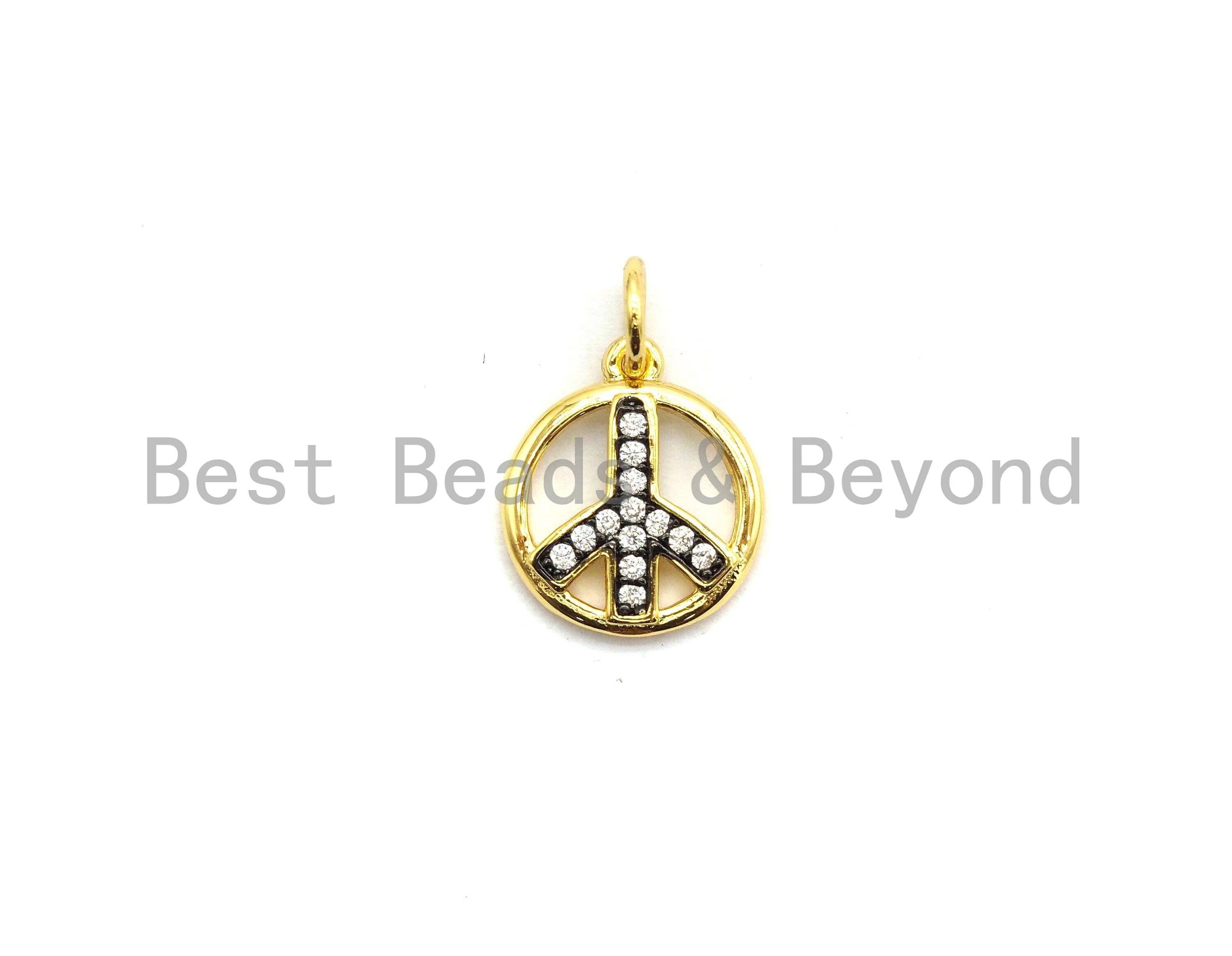 CZ Micro Pave Dual Color Peace Sign Pendant, Cubic Zirconia Pendant, Silver/Gold/Rose Gold/Black Tone, 11x13mm, Sku#Y183